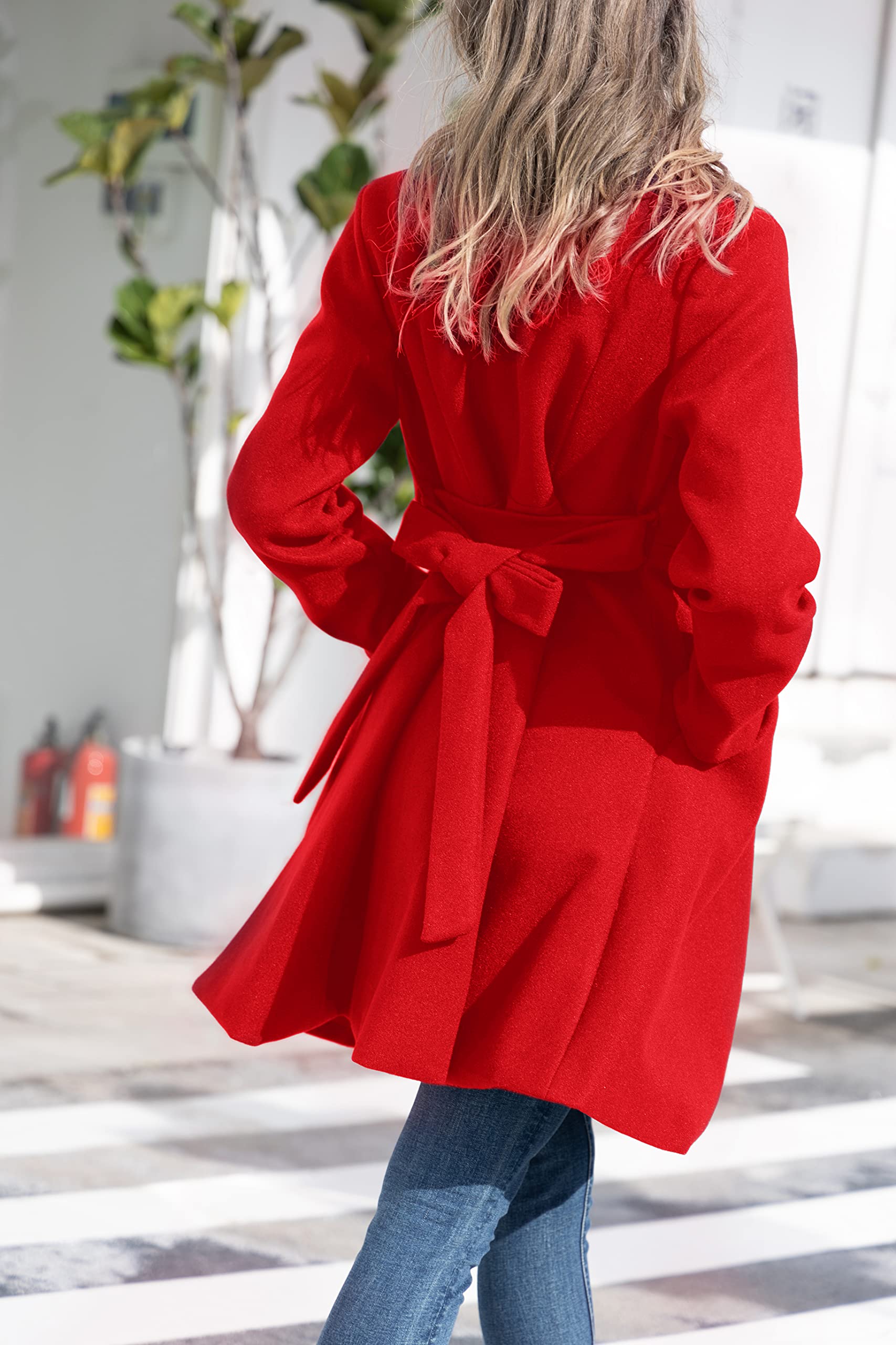 Kate Kasin Abrigo de mujer con cinturón de mezcla de lana para mujer, Rojo, Large