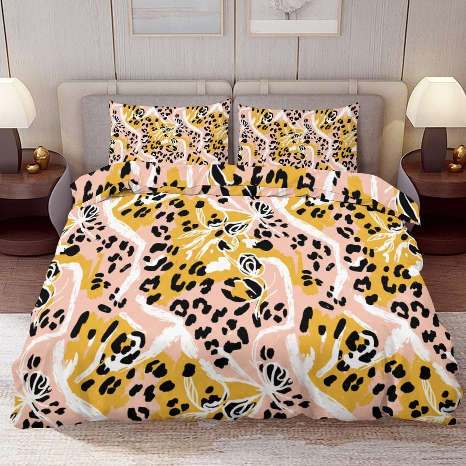 Delerain Comforter Cover Set King Size, Leopard Print Spot Flower 3-Piece Bedding Set for Women Men Modern Soft Microfiber Bedroom Set Room Decor, 1 Duvet Cover + 2 Pillowcases