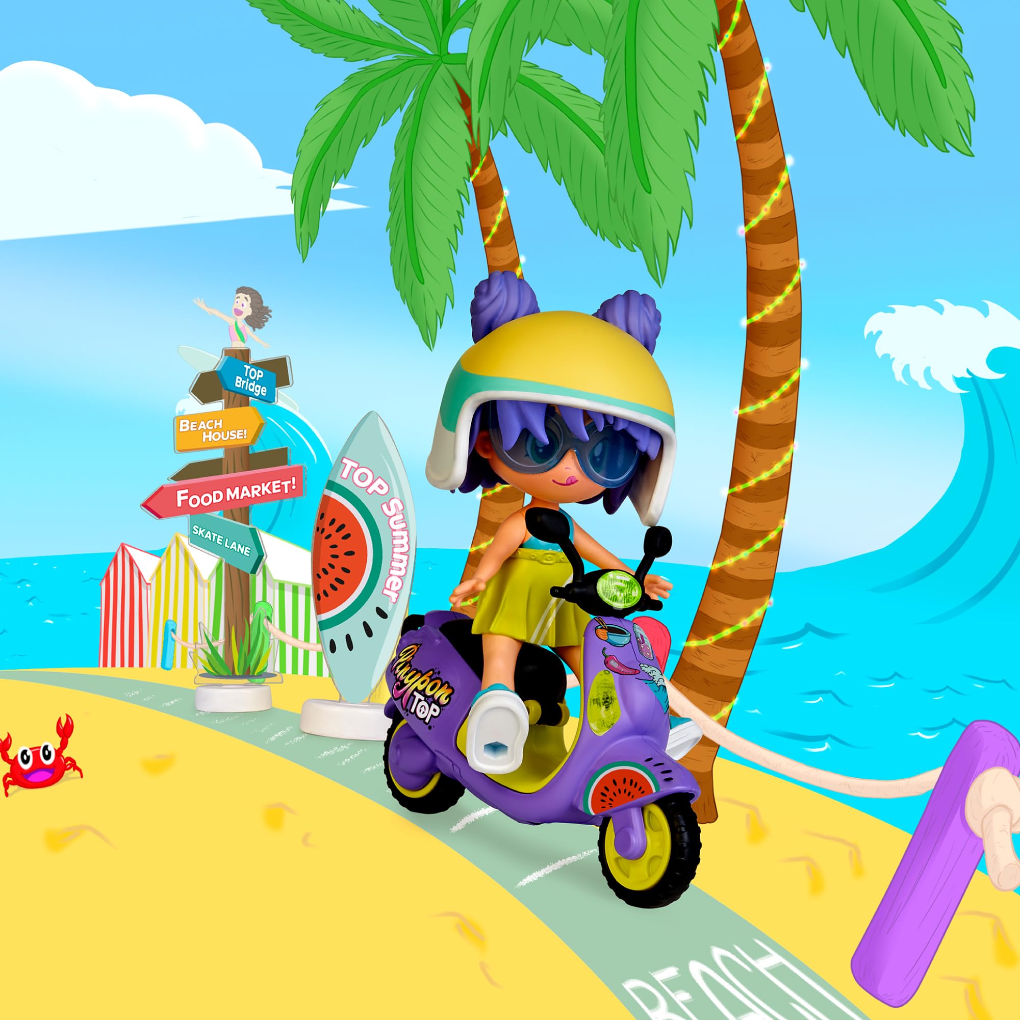 Pinypon Top Moto Girl, Figura Articulada de Brazos y Piernas, Set de Chica Top con su Moto, Incluyen Casco y Gafas, Ropa y Zapatos Intercambiables, Doble Cara y Decoración, +4 años, Famosa (PNN03000)