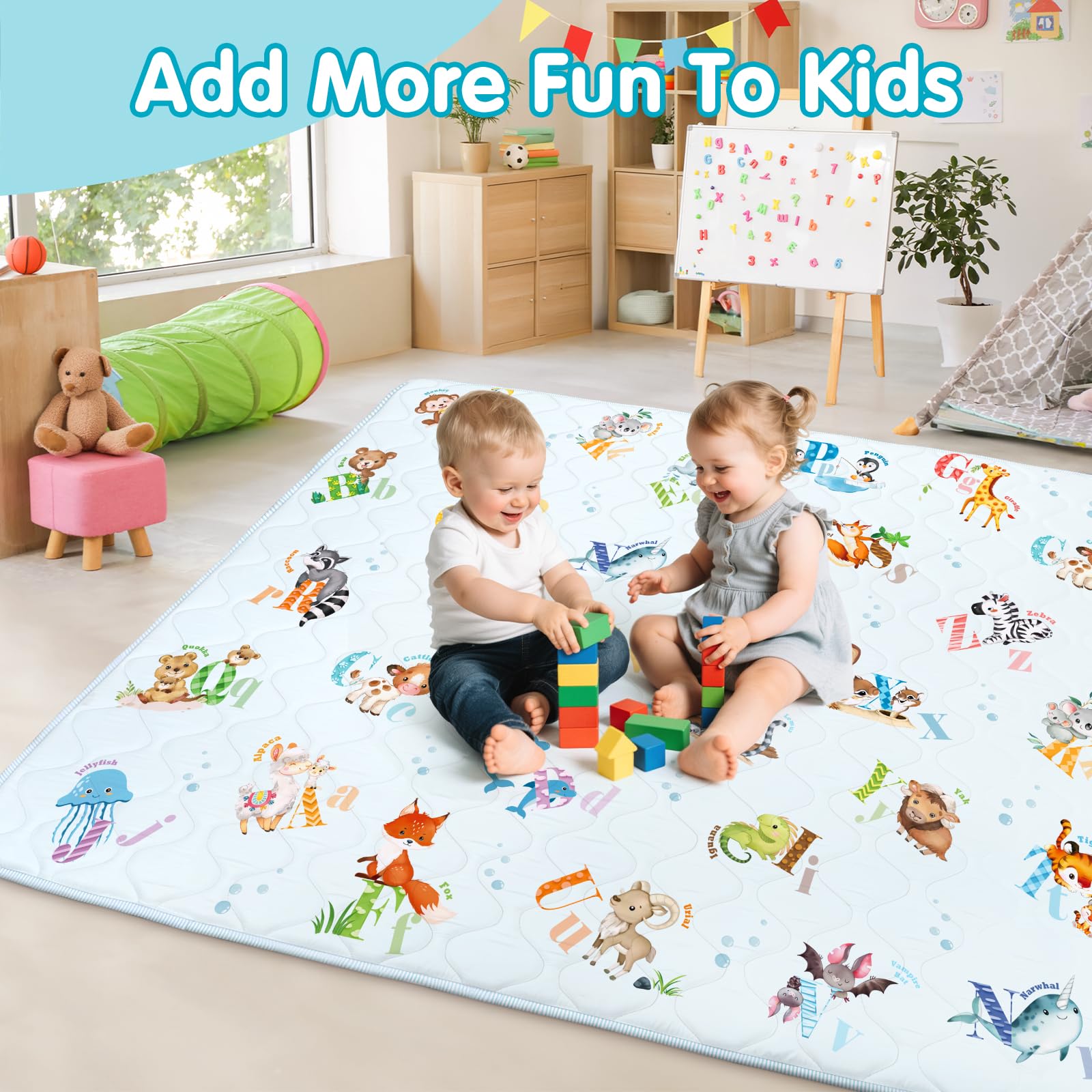 decalsweet Tappeto Gioco Bambini 150×180cm, Addensato 2cm Tappeto Gioco Neonato, Antiscivolo Tappeto Cameretta Bambina & Bambino, Pieghevole Tappeto Tummy Time Neonati (Animali Alfabetici)