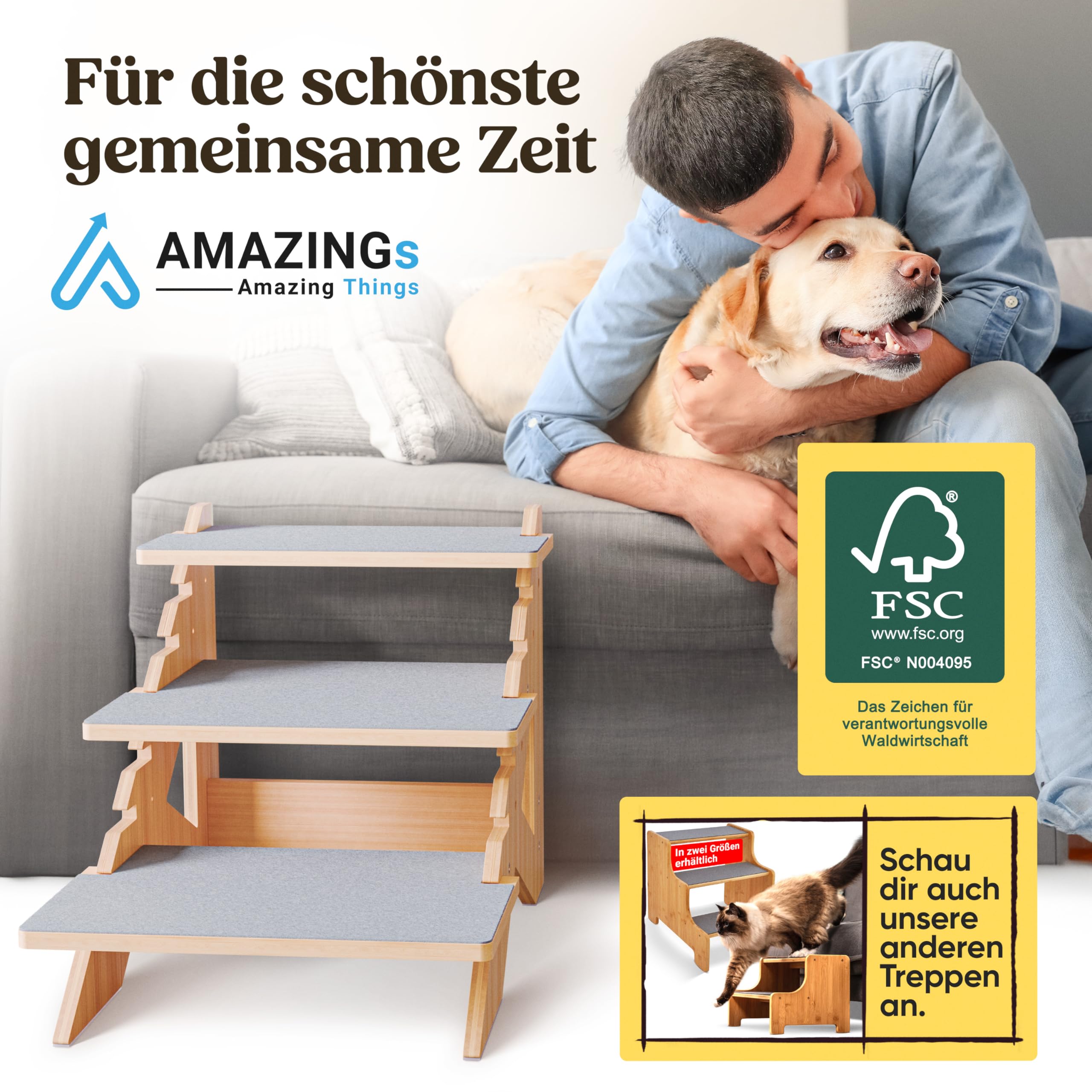 AMAZINGs Haustiertreppe für kleine, mittlere und schwere Hunde, Junge und alte Katzen. Flexibel einstellbar | Hundetreppe, Katzentreppe | 40 cm hoch, für Höhen von 25-55 cm, für Sofa, Couch, Bett