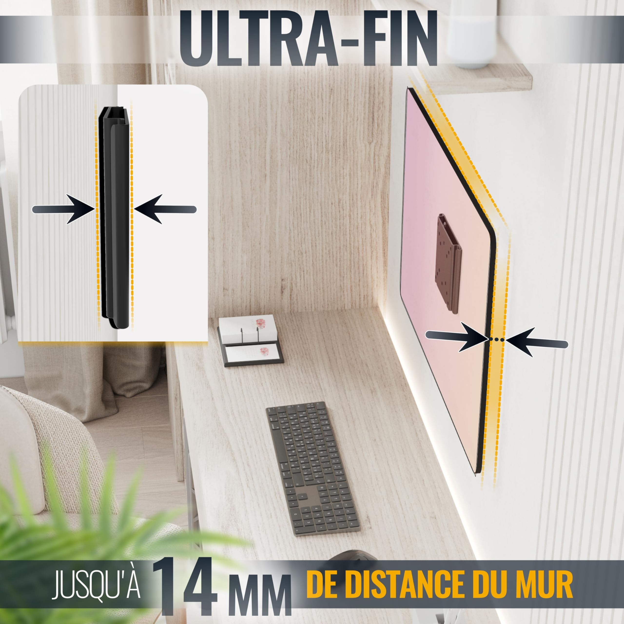 RICOO F0311 Support Mural Écran PC TV 13 17 19 22 24 27 28 32 34 Pouces Fixe Plat Ultra Slim Universel Fixation Murale TV QLED OLED LED LCD VESA 50x50 75x75 100x100