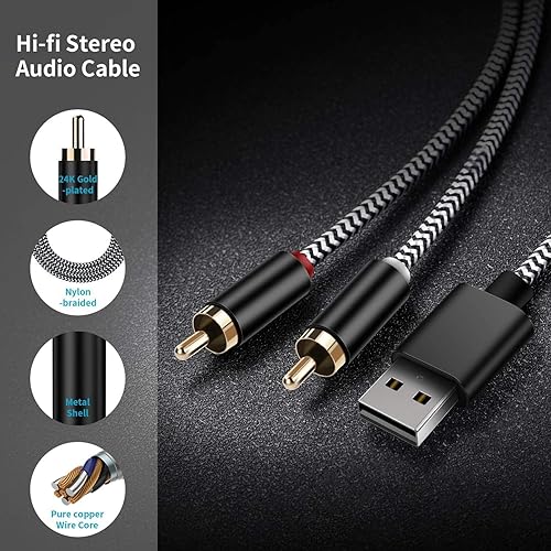 Vista 2 de Cable de audio USB a 2 RCA, 6.6 pies U-SB A macho a 2 machos Y RCA estéreo AUX Splitter Cable de audio USB 2RCA para laptop, Linux, PC, cine