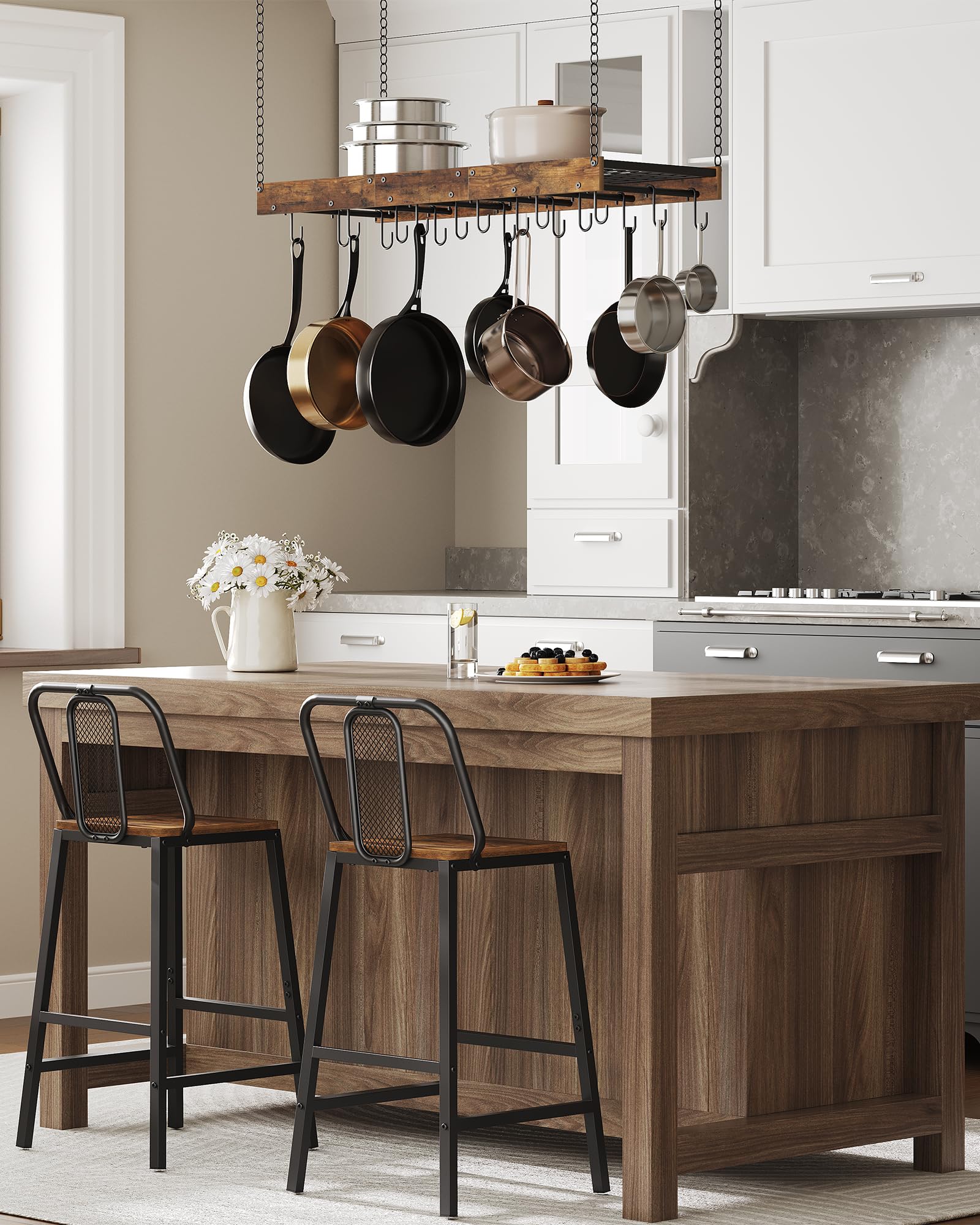 CHOEZON Colgador de Ollas, Soporte para Sartenes Suspendido del Techo, Estante de Cocina, Estilo Industrial, 18 Ganchos, Almacenamiento de Utensilios, Negro y Marrón Rústico DTPR12BFC1