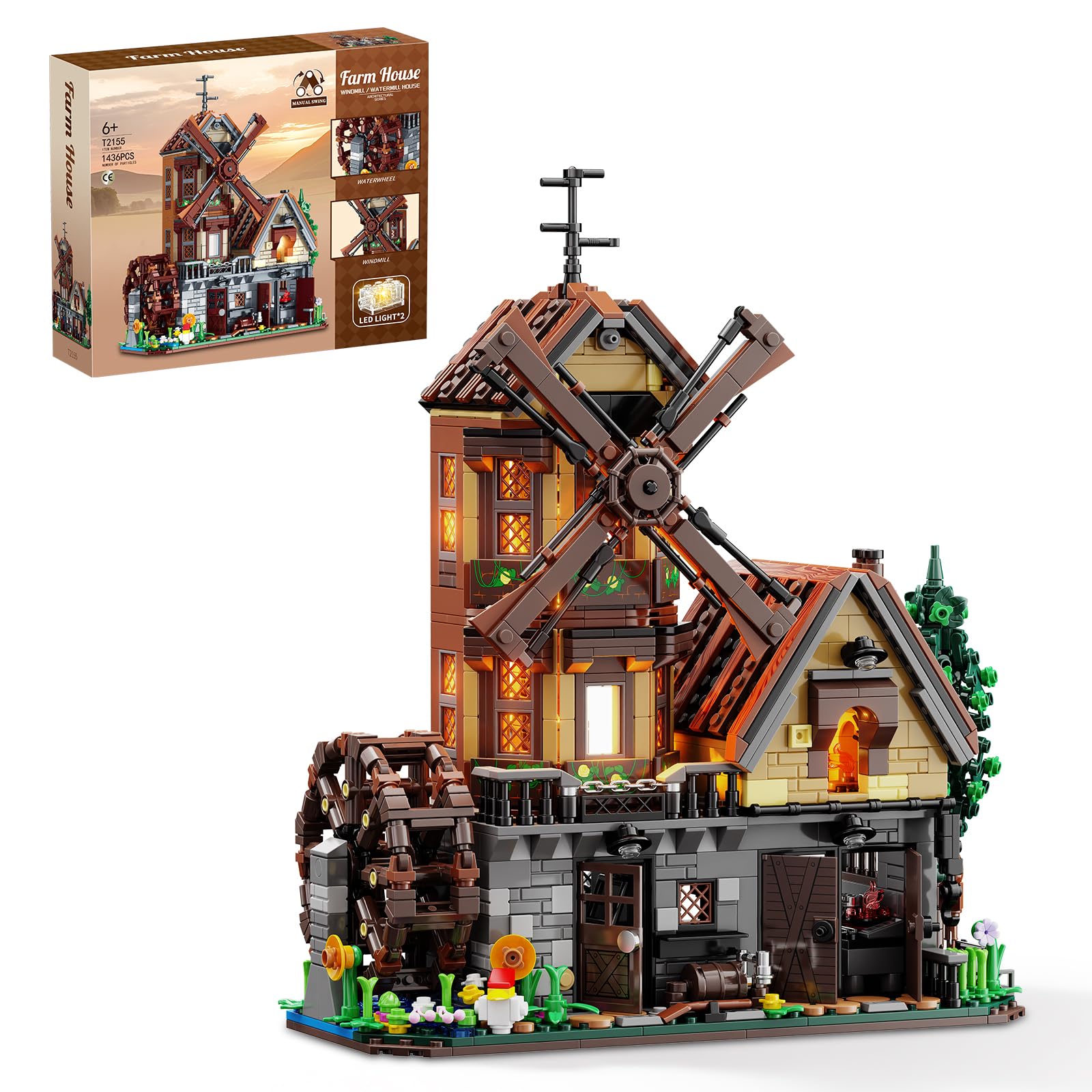 TYCOLE Wood Cabin Building Blocks Set 1436Pcs with LED Lighting, Mechanical Functions & Rotating Windmill Waterwheel, Modular Architecture Model Construction Toy for Adults Teenagers Kids Boys Girls