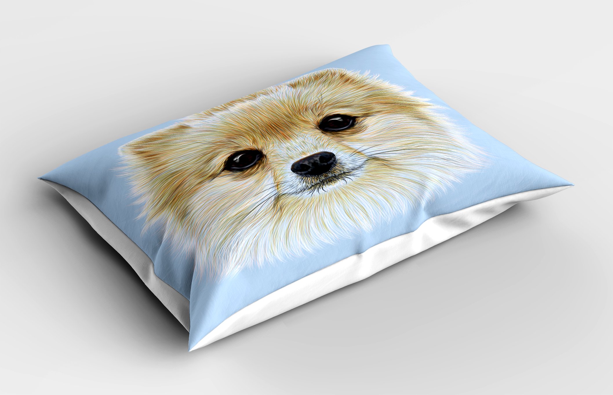A Cute Pomeranian Dog is Relaxing in the Bed with Pink Futon Bedding. Stock Image - Image of