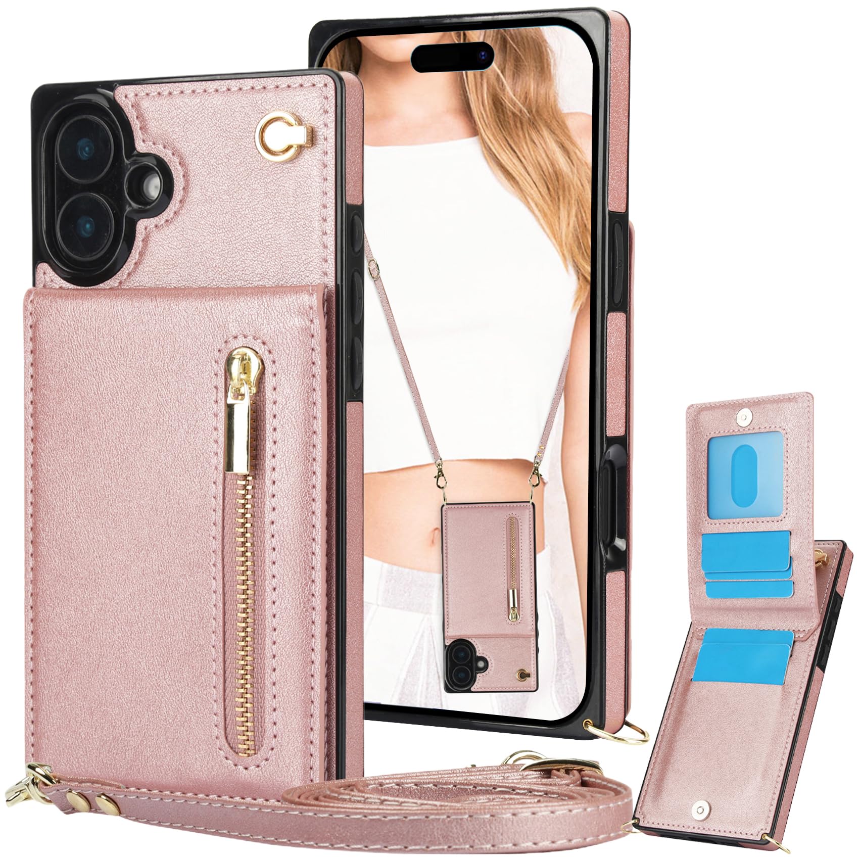 Leder Flipcase Für IPhone 16 Mit Kartenfächern & Magnet – Handyhülle Als Geldbörse, Mit Standfunktion (Roségold)