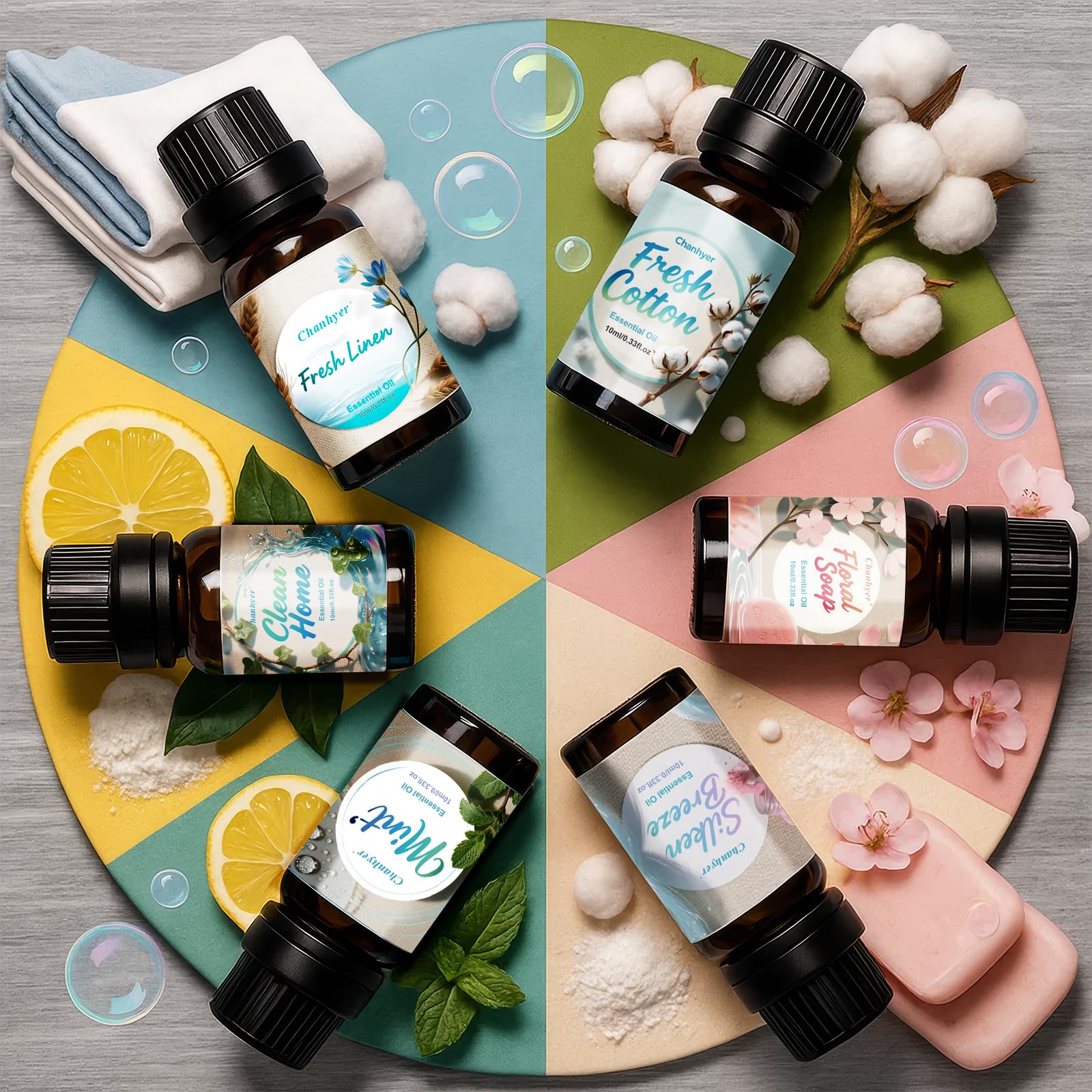Sauber Clean Fresh Ätherische Öle Set 6 x 10 ml – Duftöl Set für Diffuser/Diffusor, Raumduft & Luftbefeuchter – Frische Wäsche, Baumwolle, Puderduft, Pfefferminze, Sauberes Zuhause & Blütenseife