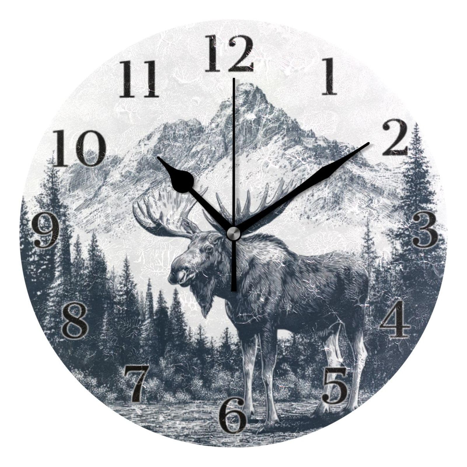 Ensound Realistic Style Moose Wall Clock Silent Non-Ticking Battery Operated Clocks 12 Inch for Kitchen Home Living Room