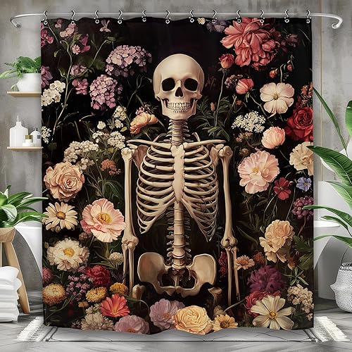 Miniatura 6 de Yookeb Cortina de ducha gótica de Halloween con diseño de esqueleto de 60 pulgadas de ancho por 71 pulgadas de alto, diseño de calavera gótica,