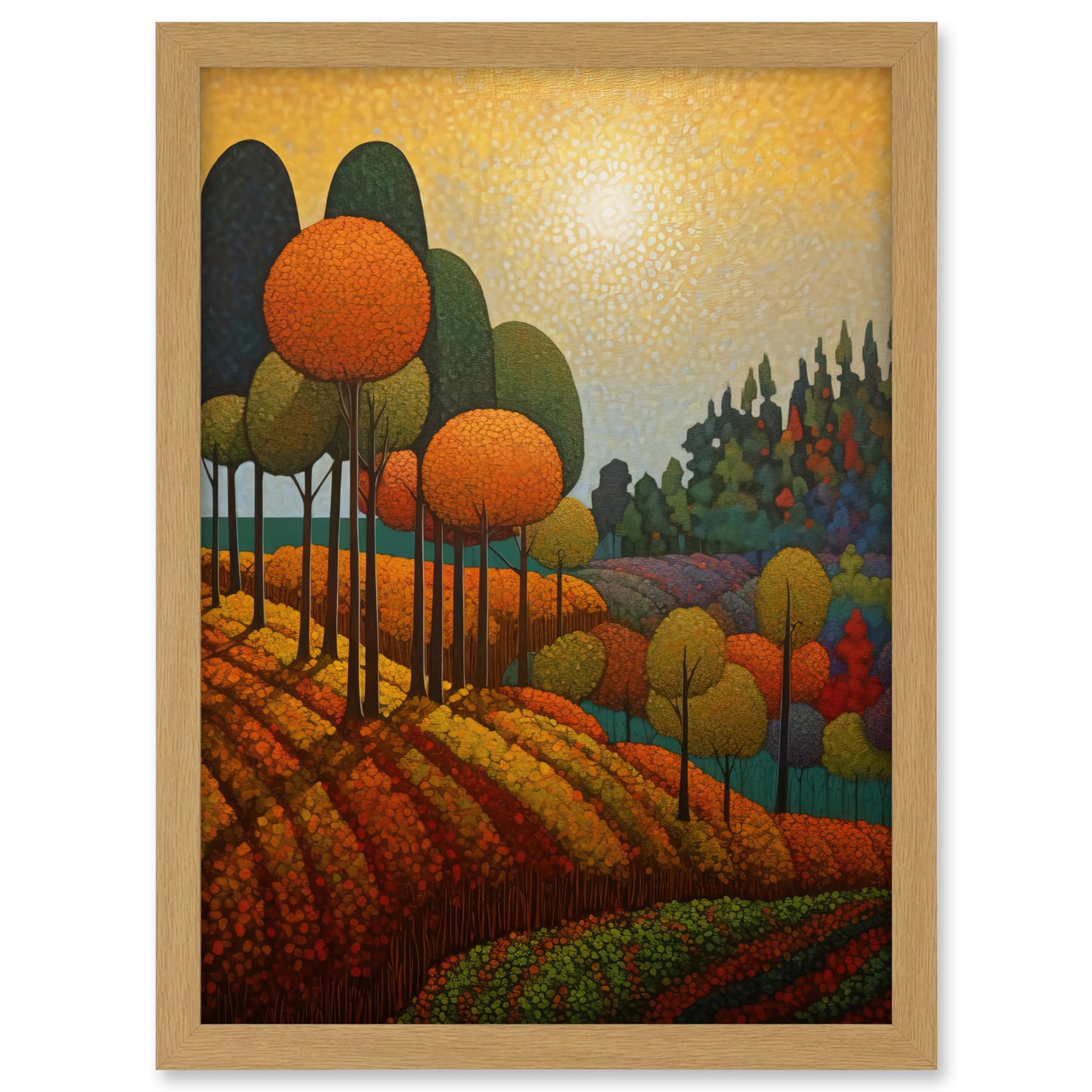 Artery8 Autumn Fields Pointillism Painting Amber Orange Green Countryside Landscape Artwork Framed A3 Wall Art Print