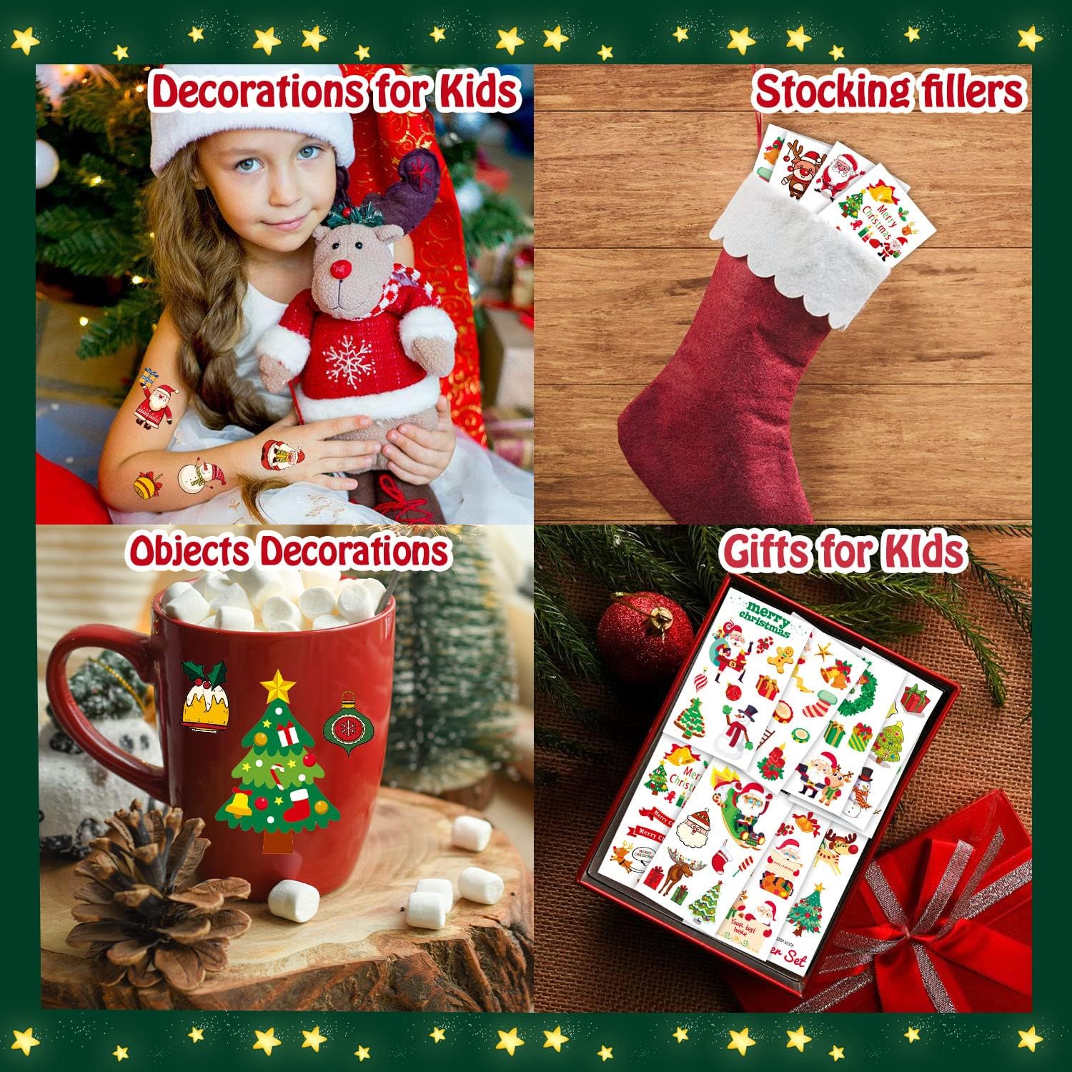Leesgel 24 Hojas De Tatuajes Temporales Navideños Brillantes – 250 Pegatinas De Papá Noel, Muñeco De Nieve, Renos Y Más, Impermeables