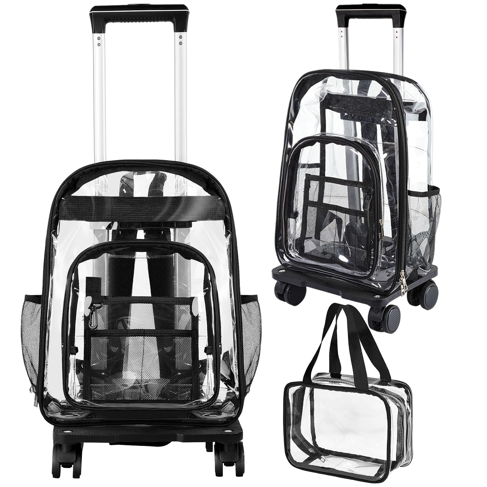 Amylove 17'' Rolling Clear Backpack Set Heavy Duty Bags with Pockets Wheeled See Through Backpack(Black,Classic,PVC)