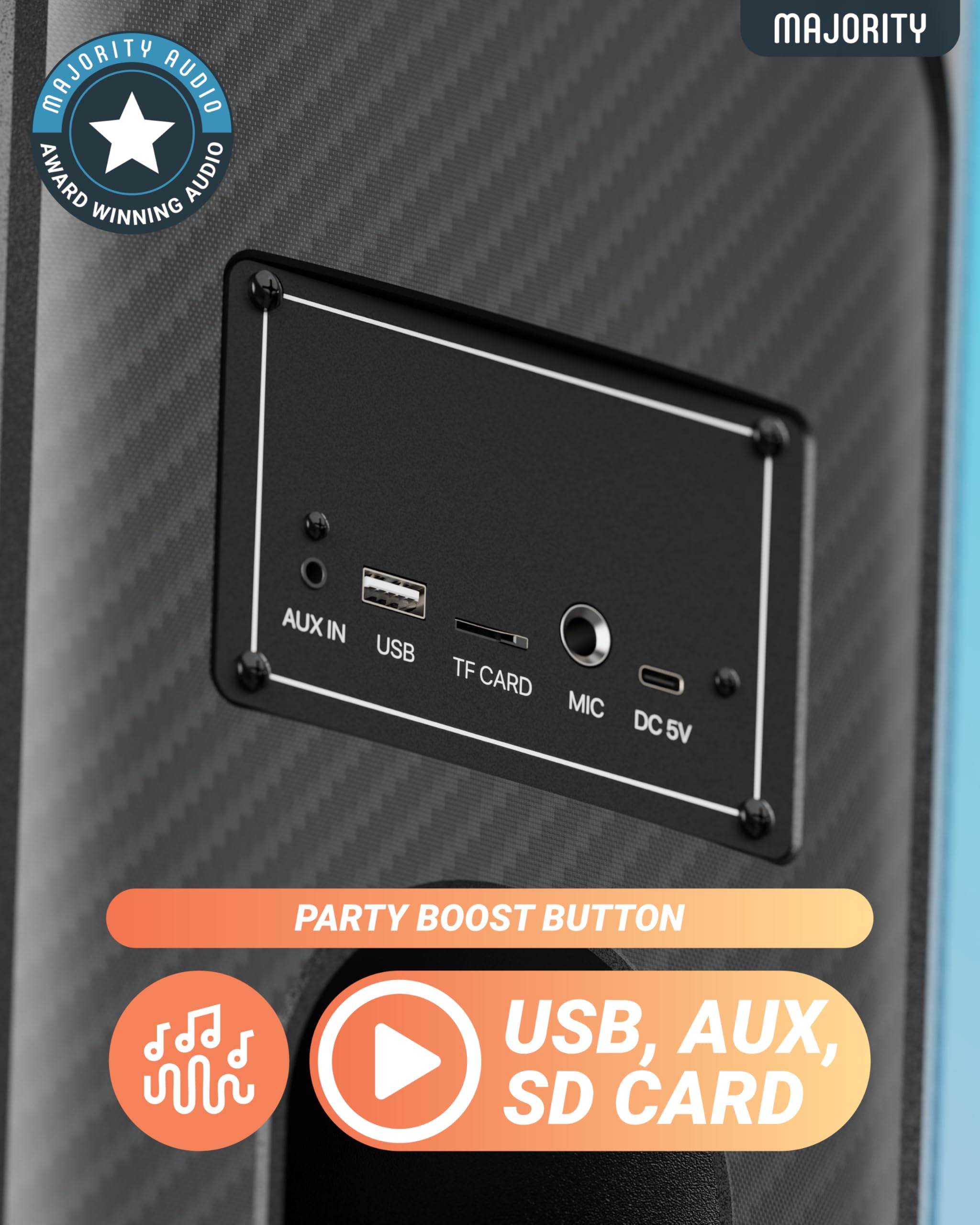 MAJORITY Tragbarer Party-Lautsprecher & Karaoke-Maschine mit kabelgebundenem Mikrofon, Bluetooth, USB/SD MP3-Player, Mikrofon-Echo, Höhen, Bass-Boost, TWS-Stereo, LED-Lichter, PA-System-Lautsprecher