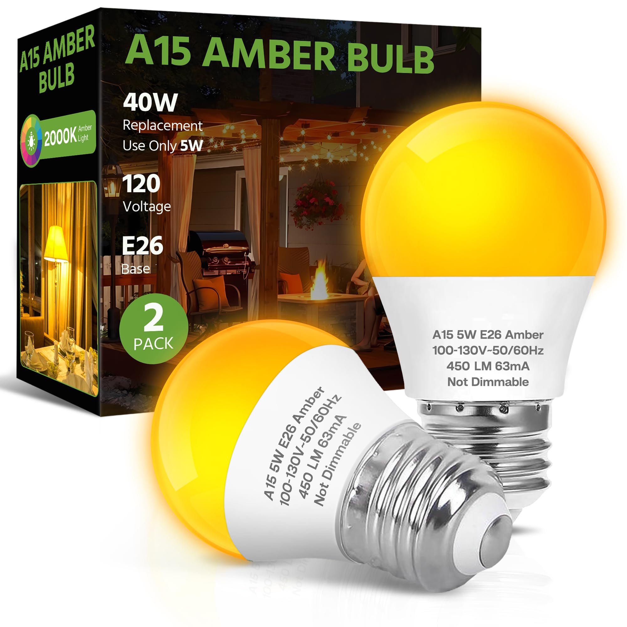 LED Amber Light Bulbs, 40W Equivalent A15 LED Bulb, 5W Energy Saving Yellow Bulbs, E26 Base, 2000K Amber Light for Porch, Patio, Bedroom, Nursery, Sleep, Non-Dimmable, 2 Packs