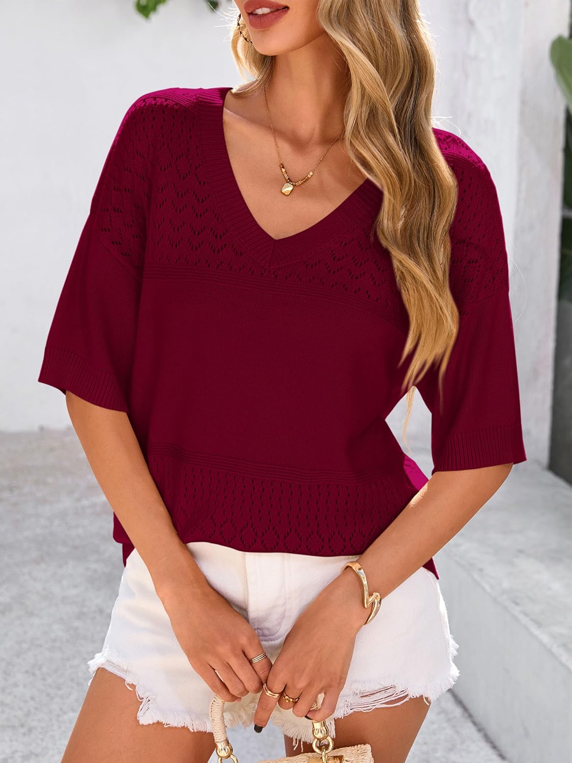 PRETTYGARDEN Women's Short Sleeve Sweater Tops 2026 Spring Summer Casual V Neck Ribbed Knit Trendy Eyelet Blouse T Shirts - Image 8