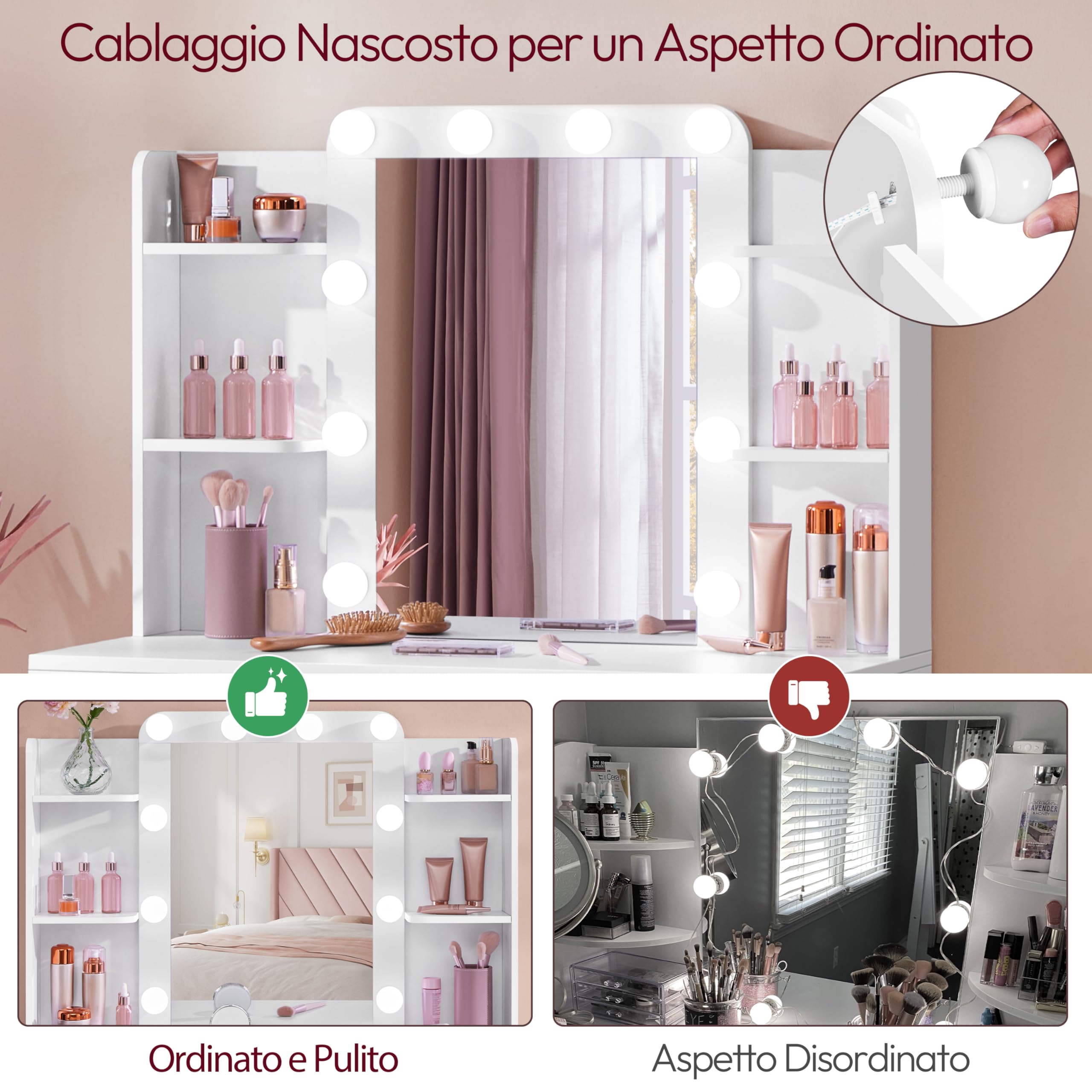 Yaheetech Toeletta Trucco con 10 Luci LED 3 Colori Regolabili e 9 Modalità di Illuminazione Tavolo da Trucco con Specchio in Vetro Temperato 1 Cassetto Grande e 5 Mensole (Bianco)