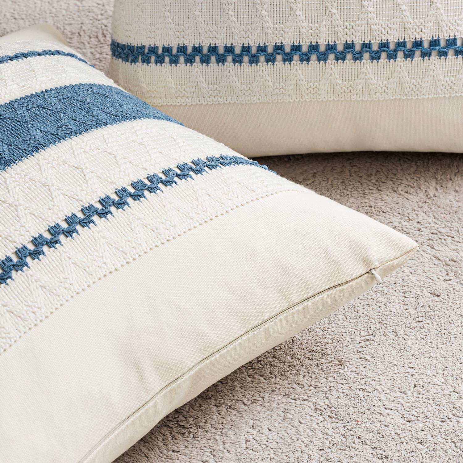 Woaboy Set of 2 Decorative Pillow Covers Boho Farmhouse Couch Throw Pillows Modern Cotton Cushion Covers Macrame Woven Spring Home Decor for Bed Sofa Chair 18x18 Inch Blue - Image 6