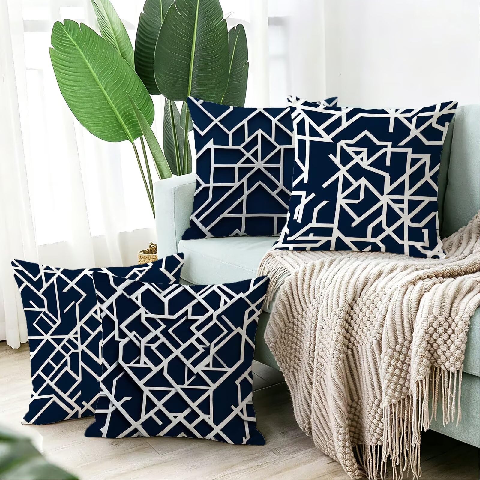 Blu Federe Cuscini Divano 60x60cm, Cuscini da Esterno Set de 4, Cod-124 | Lin Copricuscini Decorativi Letto Arredo, per Letto, Soggiorno, Giardino, Esterno, Casa Decorazione Set di 4 Linea