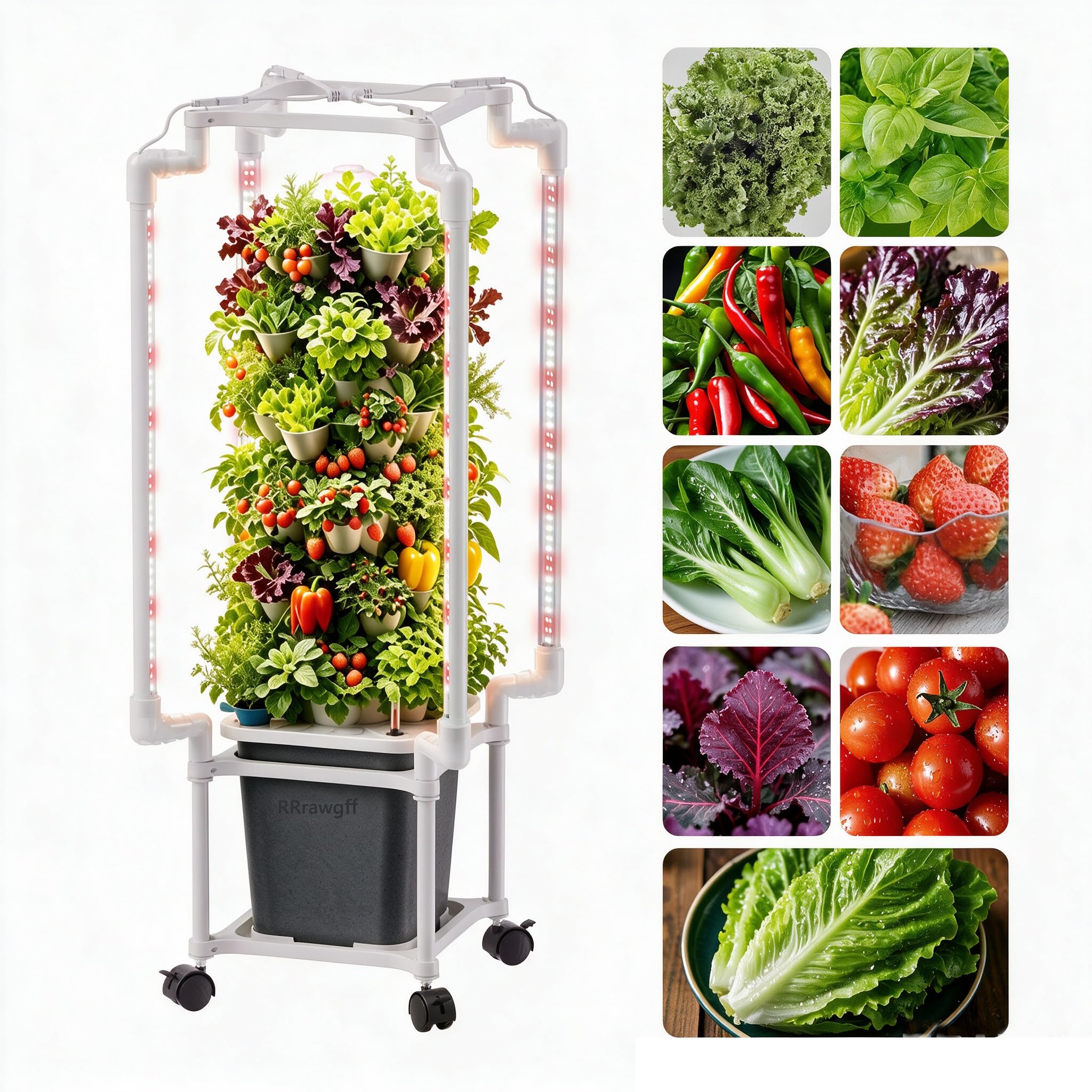 Kit de Cultivo Hidropónico, Sistema de Torre Hidropónica de 5 Niveles 30 Agujeros, con Luces de Crecimiento Control por App Ruedas Bomba de Agua, Depósito de 10 L, para Hierbas Frutas Vegetales