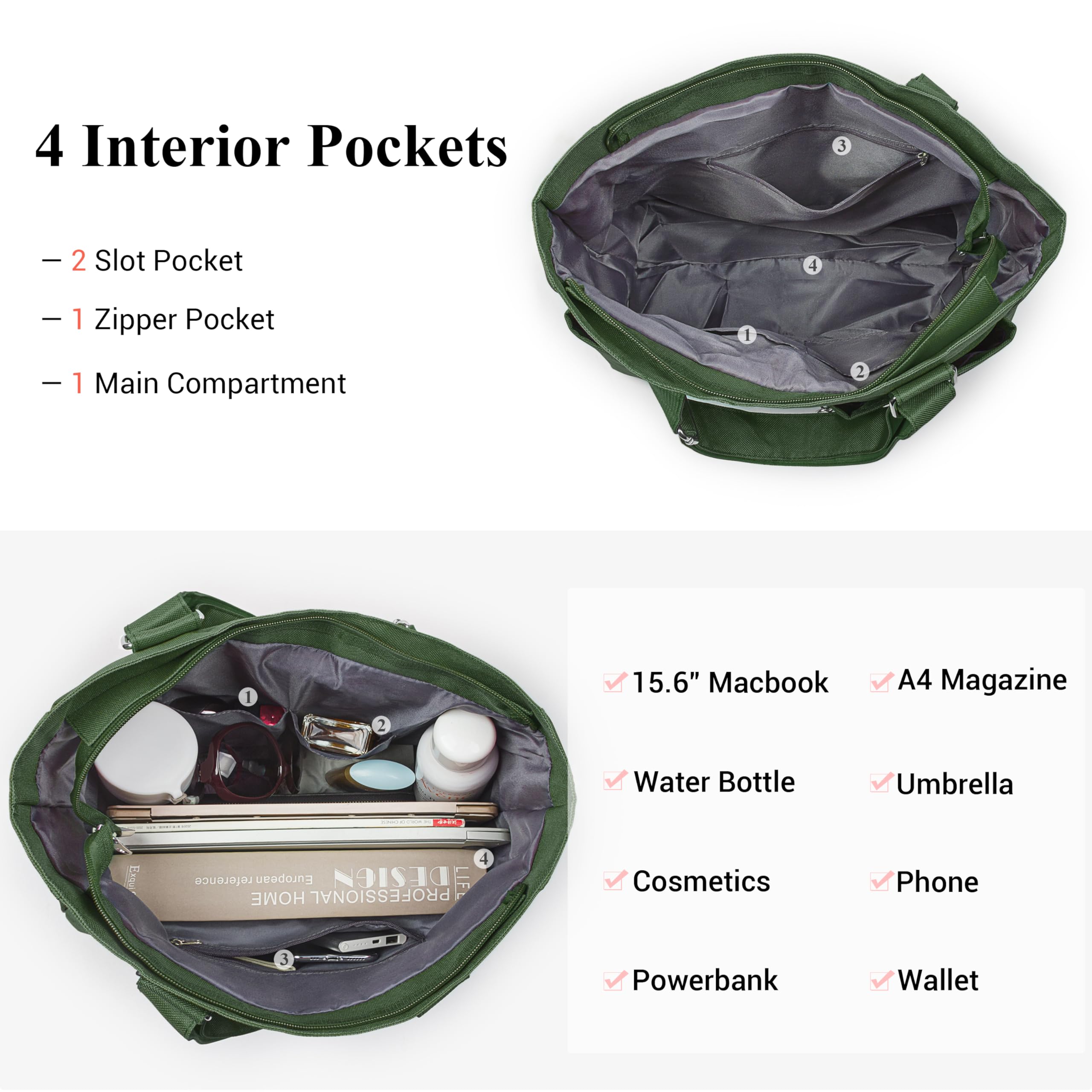 VOLGANIK ROCK Canvas Tote Bag Waterproof Nylon Multi Pocket Shoulder Bags Laptop Work Bag Teacher Purse Handbag for Women Men: Army Green