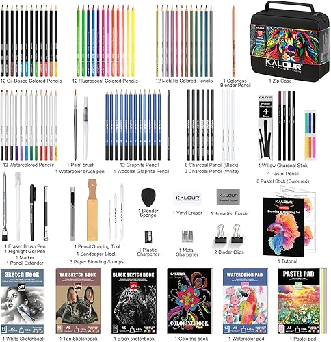 Miniatura 2 de 109 Juego de dibujo y kit de bocetos Pro Art Supplies con lápices fluorescentes, de colores, acuarela, metálicos, grafito, carbón, 5 cuadernos