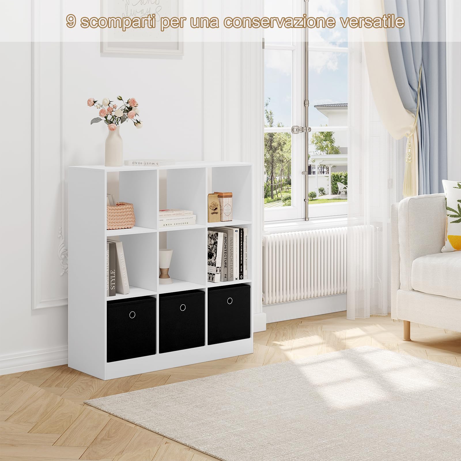 WOLTU Libreria Bianca, Libreria a 9 Cubi Portaoggetti, Scaffale in Legno con 3 Cassetti in Tessuto Non Tessuto, per Soggiorno, Camera da Letto, Ufficio, 80x30x86,5 cm, SK041ws