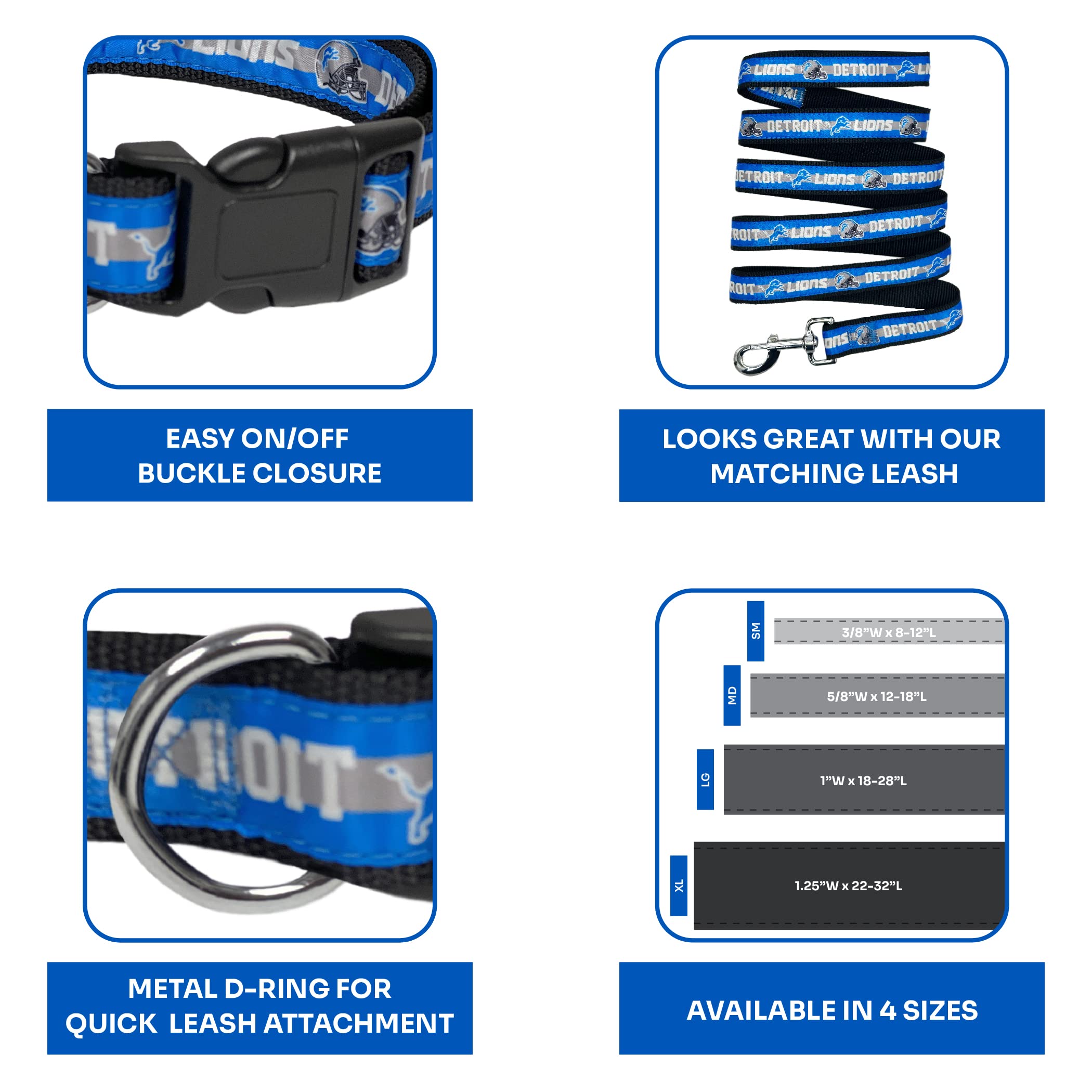 NFL Pet Collar de perro de los Detroit Lions, collar de equipo de fútbol americano XL para perros y gatos, collar de gato brillante y colorido con licencia de la NFL