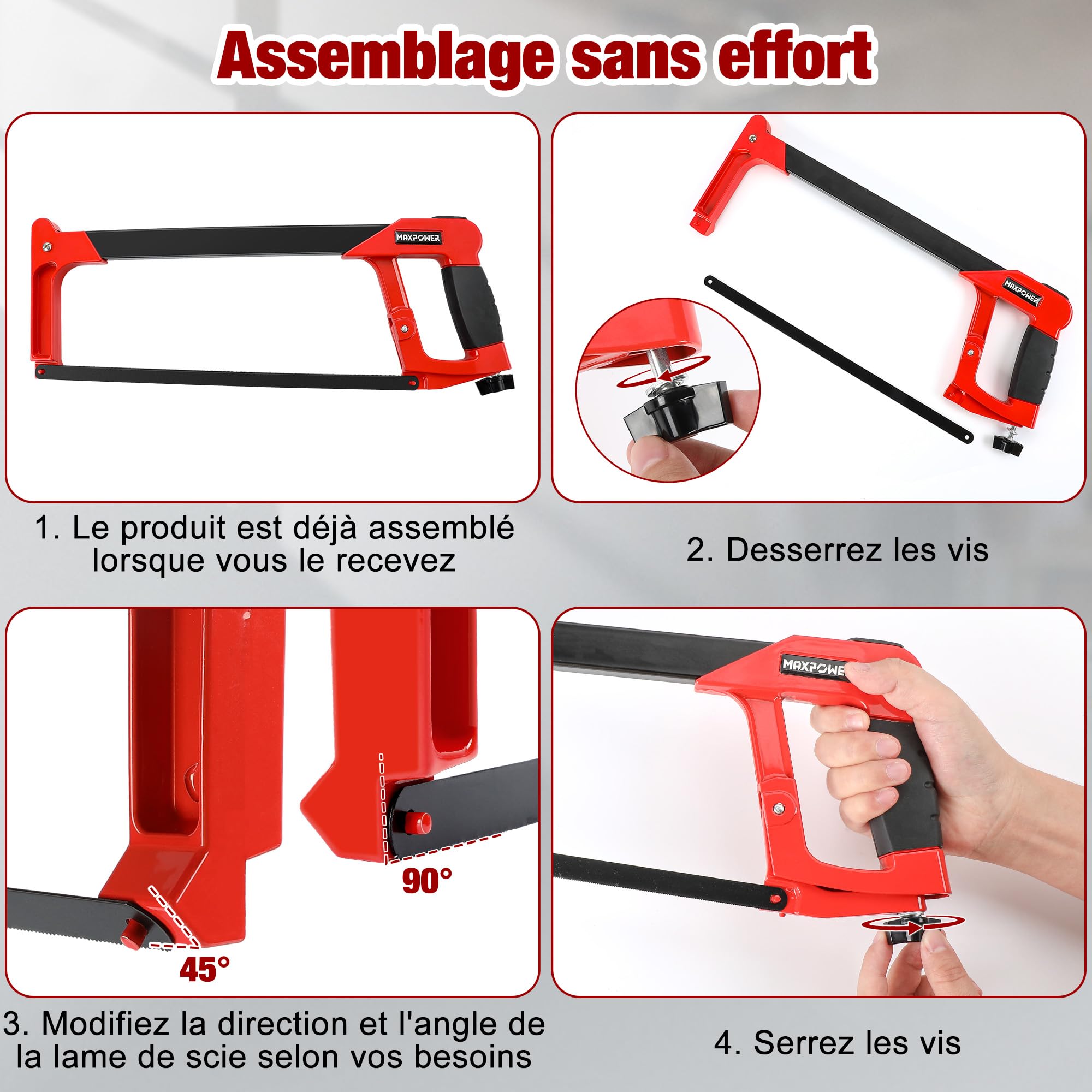 MAXPOWER Scie à Métaux 300 mm, Scie à Main avec 10 Lames de Rechange, 45°/90°, Métal, Bois, Acier, Tuyau PVC, Plastique, Professionnelle