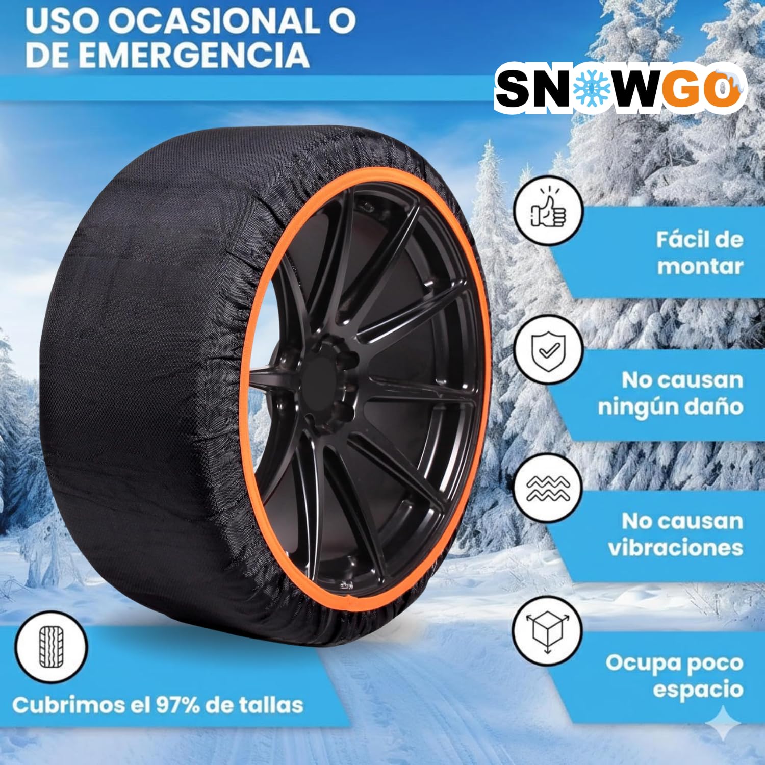 SNOWGO - Juego de 2 cadenas textiles para nieve - Talla XS a XXL - Homologado 16662-1 Europa - Adecuado para vehículos 4x4, vehículos eléctricos, furgonetas y vehículos comerciales <3,5T. (XL)