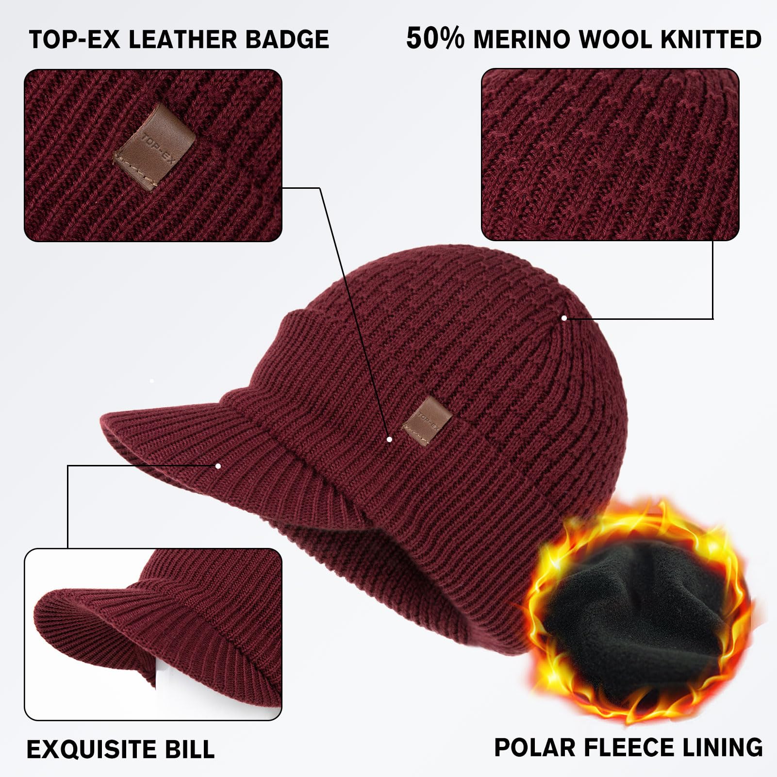 TOP-EX Gorro de lana merino, M, L, XL, XXL, 100 % lana merino, gorro de invierno, gorro de punto para hombre, gorro de pescador, gorro de arrastre, forro polar cálido