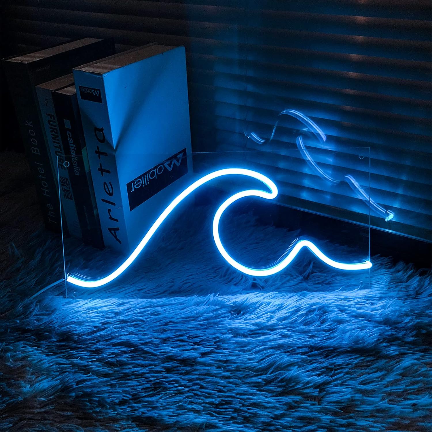 Waves Neon Signs-Transparent Acrylic Light Up Lights Signs Lamp for Room Bedroom Wall Indoor Decor Led Neon Light Sign 23.6×11.4 IN for Bar Christmas Party Wedding Kid Girl Boy Living Room Office Blue