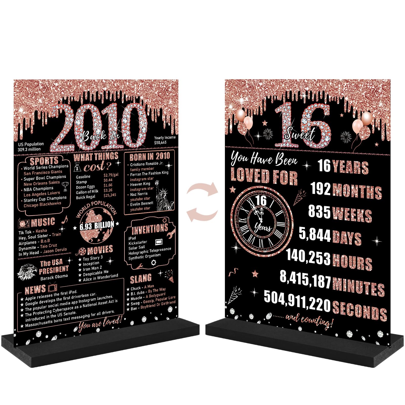 Zirtorei 16th Birthday Decorations Back in 2010 Table Sign for Girls, Rose Gold Two-Sides Happy 16 Birthday Wooden Poster with Stand Party Supplies,