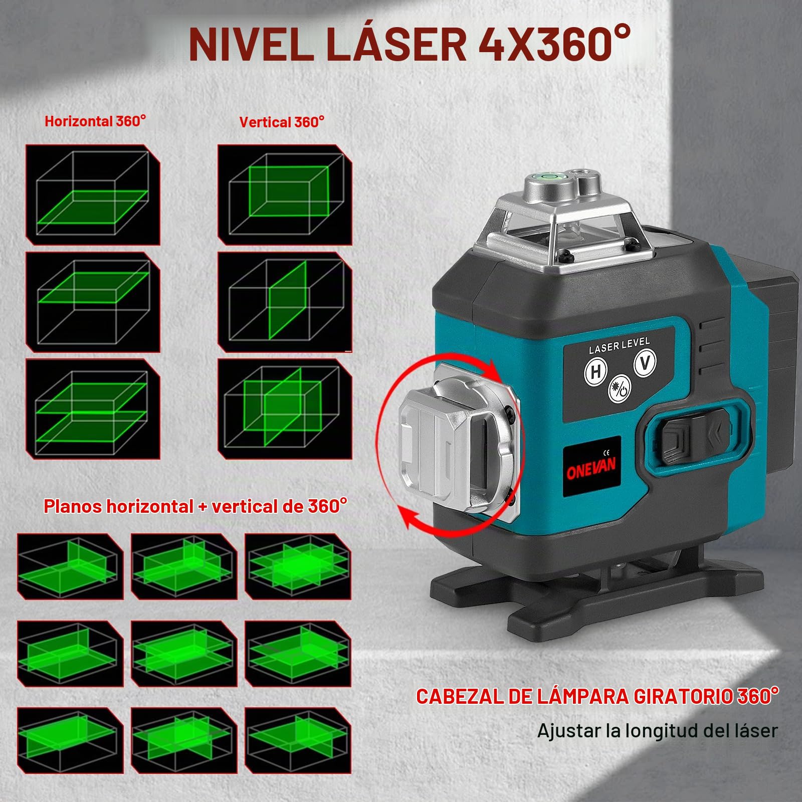 ONEVAN Nivel Láser 4D de 16 Líneas Verdes con Trípode incl. 2x2400mAh | 4x360° Cobertura, 1m Soporte robusto, ±3° Autonivelante, App y Control 15m, Protección IP54, Decoración interior, Pladur