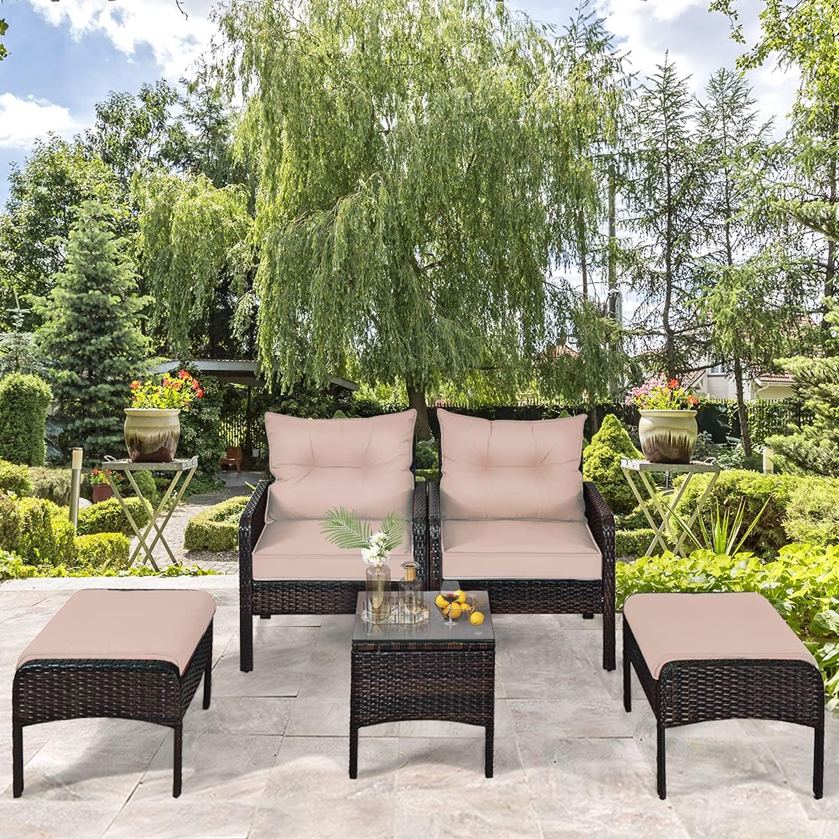 HAPPYGRILL 5-Piece Patio Furniture Set Outdoor Rattan Wicker Conversation Set with Coffee Table Cushioned Sofas and Ottoman Chat Set for Garden Backyard
