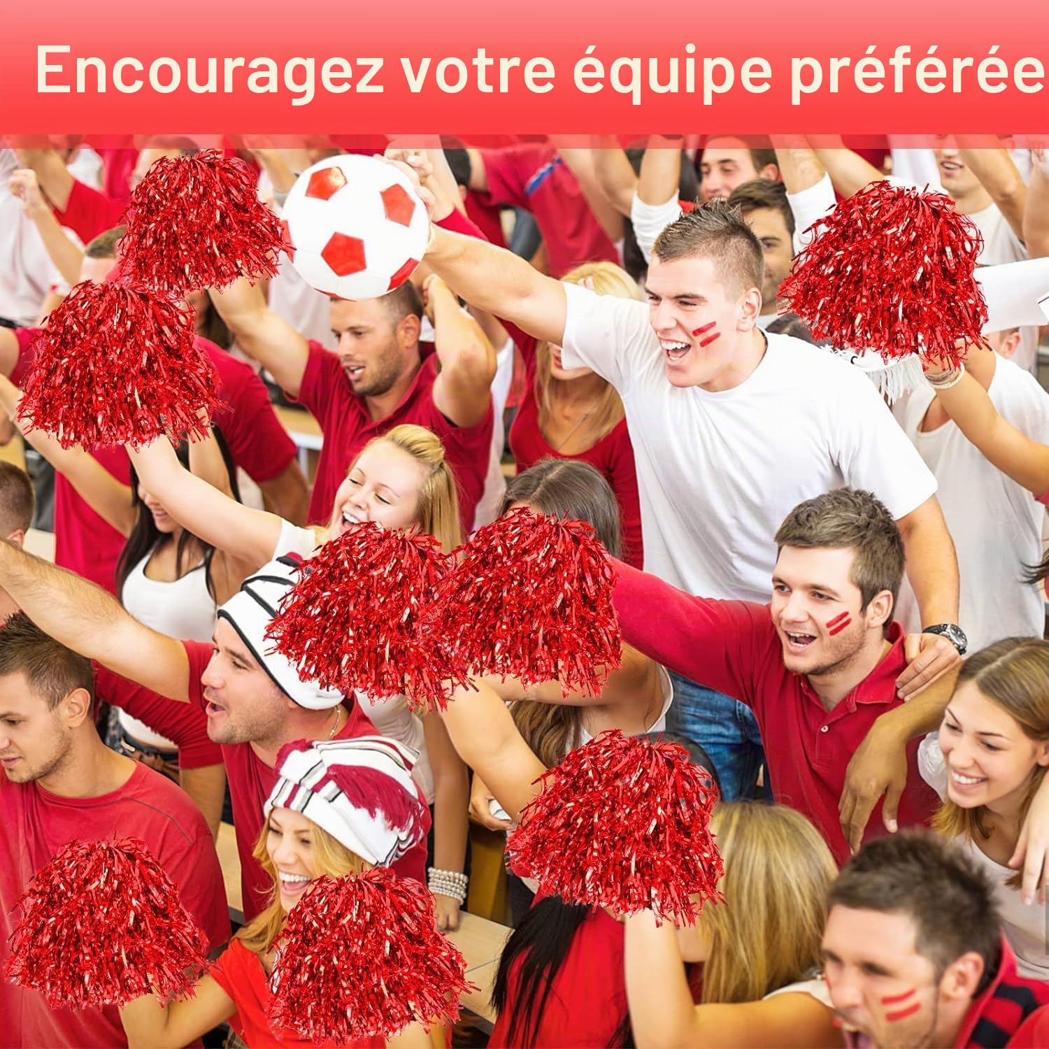 KOMUNJ Lot de 2 pompons de pom-pom girl avec poignée pour jeux de ballon, danse, fête (rouge)