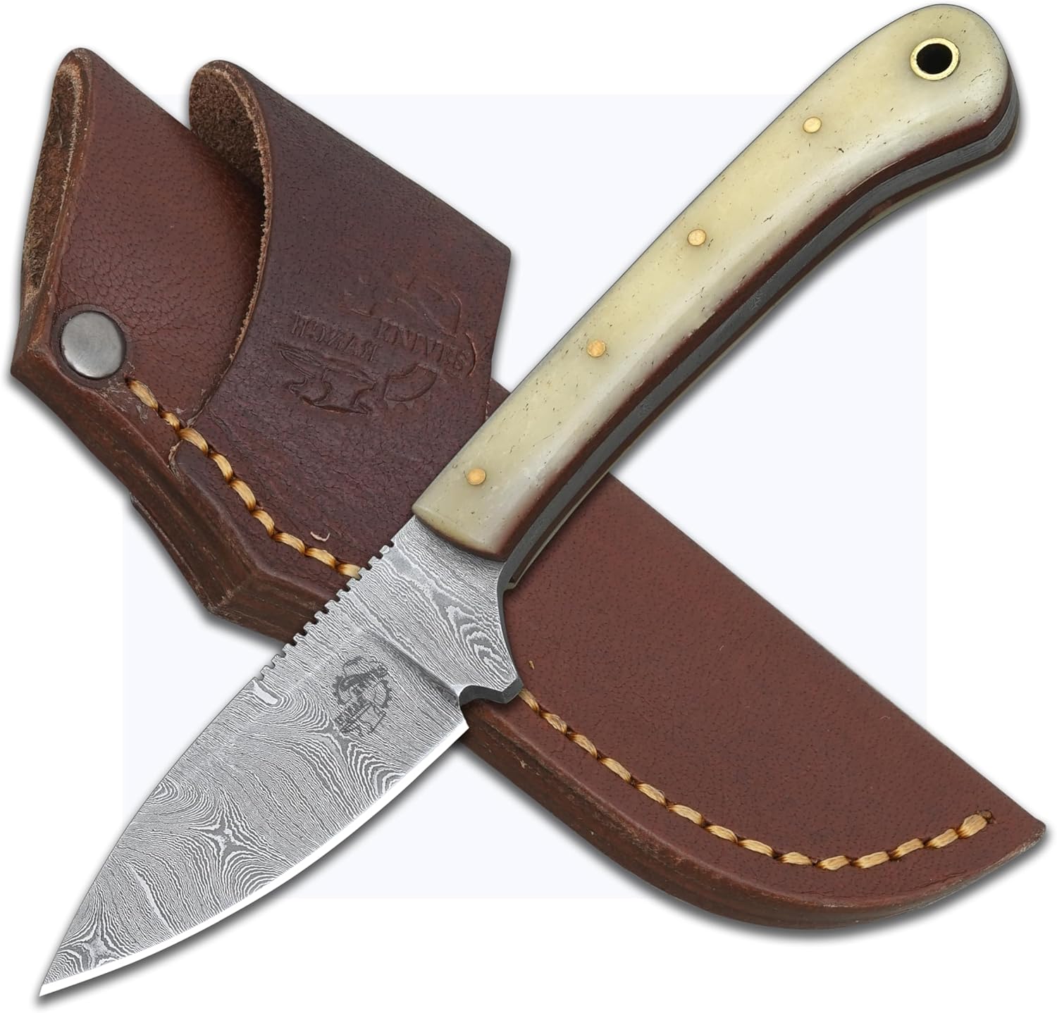 Knives Ranch Handmade EDC Hunting Knife – 7" Full Tang Damascus Steel Fixed Blade with Bone Handle – Horizontal Carry Cowboy Leather Sheath – Everyday Carry, Skinning and Bushcrafts