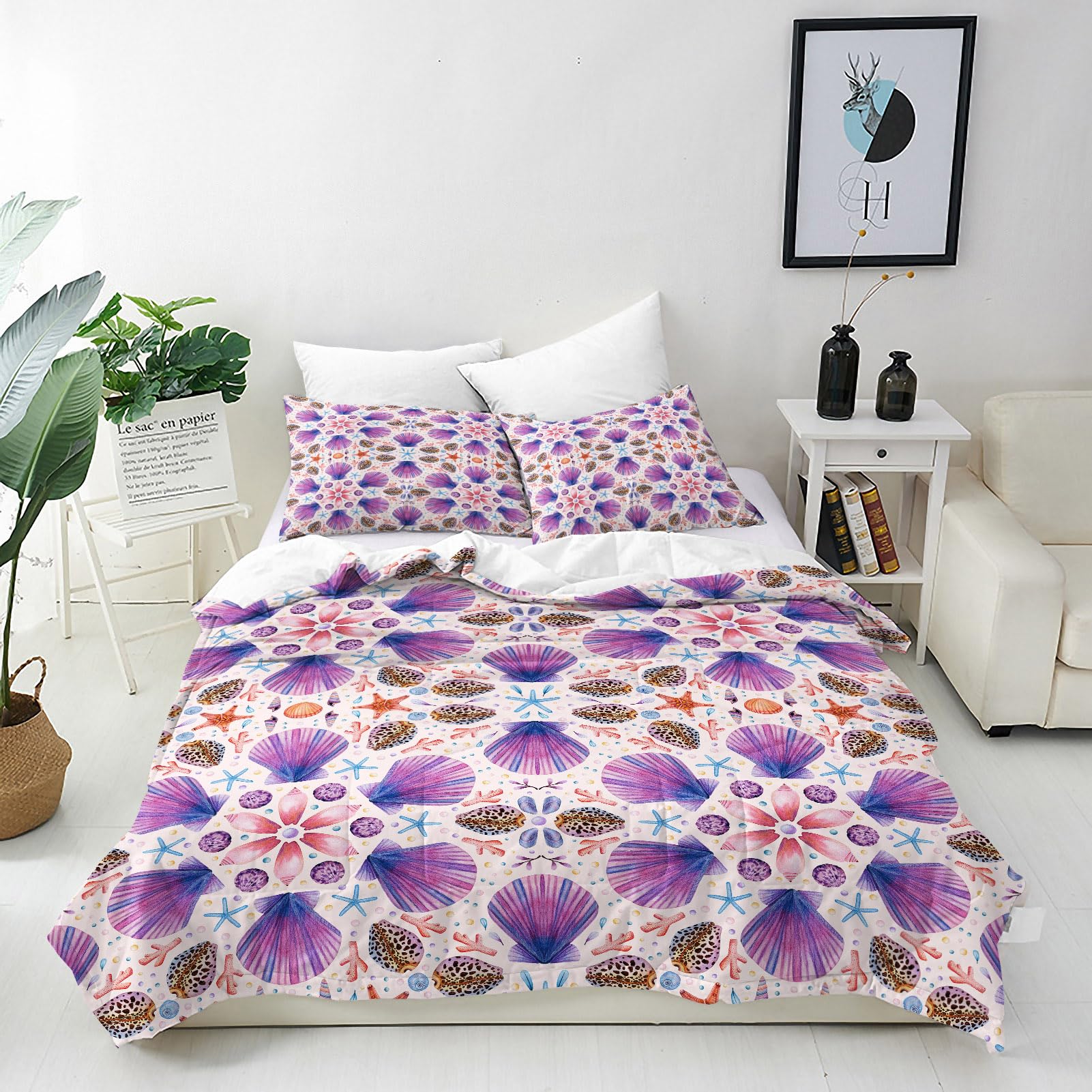 ANHOPE Seashell Duvet Cover Set Soft Lightweight Microfibre Quilt Cover with 2 Pillowcase Ocean Coral Seaweed Starfish Pearl Print Pattern 3 Pcs Bedding Set with Zipper Closure Double 200 x 200 cm — image 1