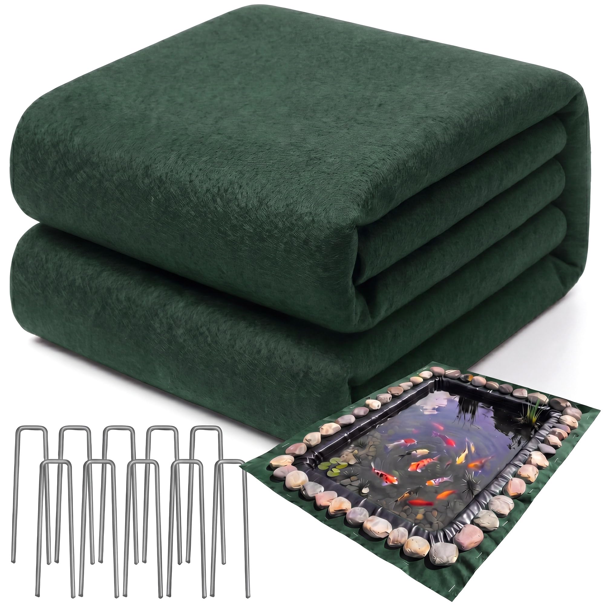 Fanfanwin 15 x 25 ft Pond Liner Underlayment with 10 U-pins, 6oz, Green