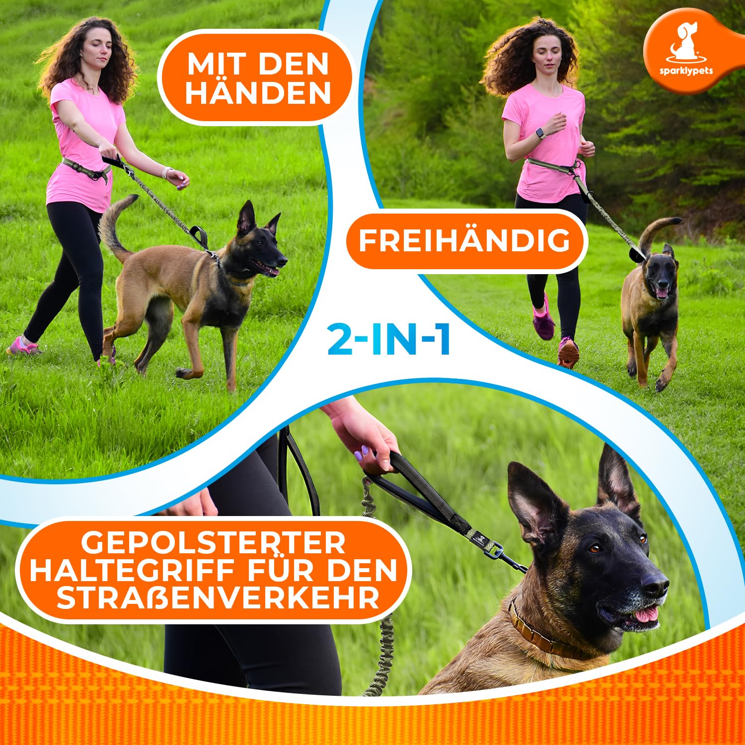 Joggingleine für Hunde zum Laufen, Joggen, Wandern | 2 in 1 Joggingleine und Normale Hundeleine für Große und Mittelgroße Hunde mit Doppelgriff | Bauchgurt Hundeleine