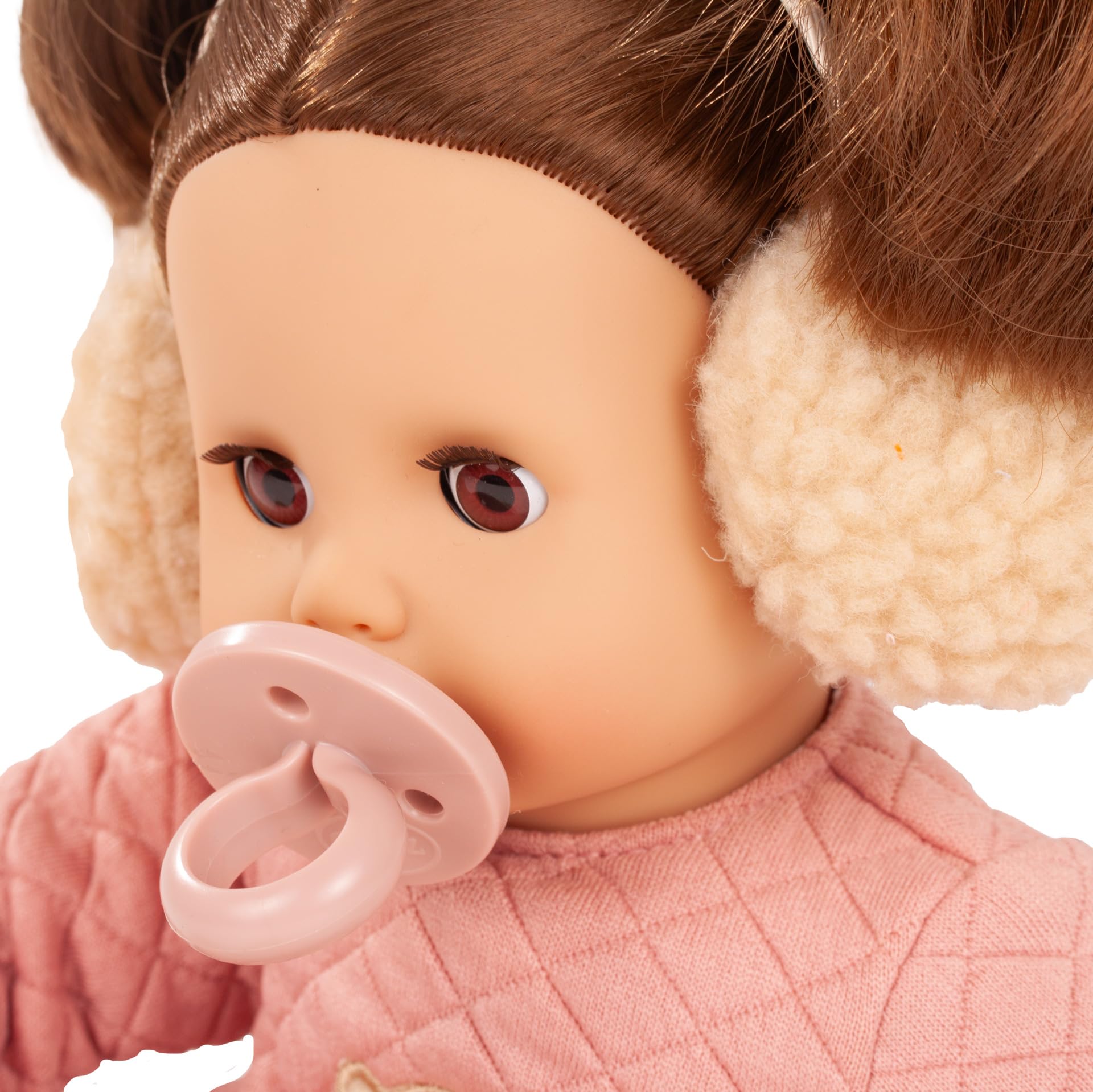 Götz 2620971 Muffin Bärig Puppe 33 cm Babypuppe braune Schlafaugen | 7-tlg, braune Haare, Weichkörper, für Kinder ab 3 Jahren, frisierbar, waschbares Haar, mit Schnuller und Ohrwärmern