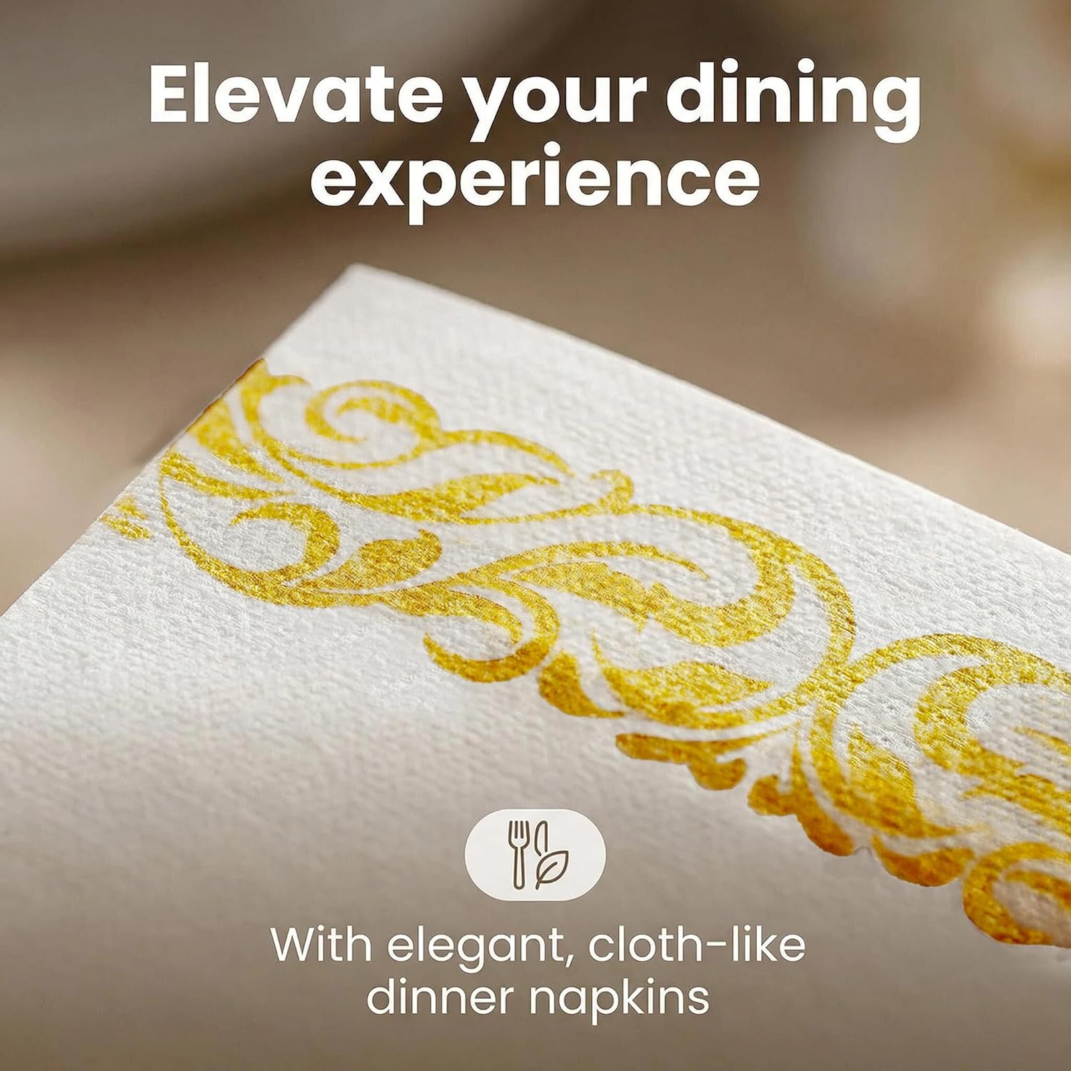 JEBBLAS 200 Disposable Hand Towels, Soft and Absorbent Linen Feel Dinner Napkin, Decorative Napkins for Parties, Weddings, Events or Everyday, Gold and White