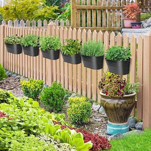 Miniatura 2 de Macetas colgantes de metal, 6 macetas colgantes resistentes para valla de barandilla con agujeros de drenaje, ganchos desmontables, maceta de