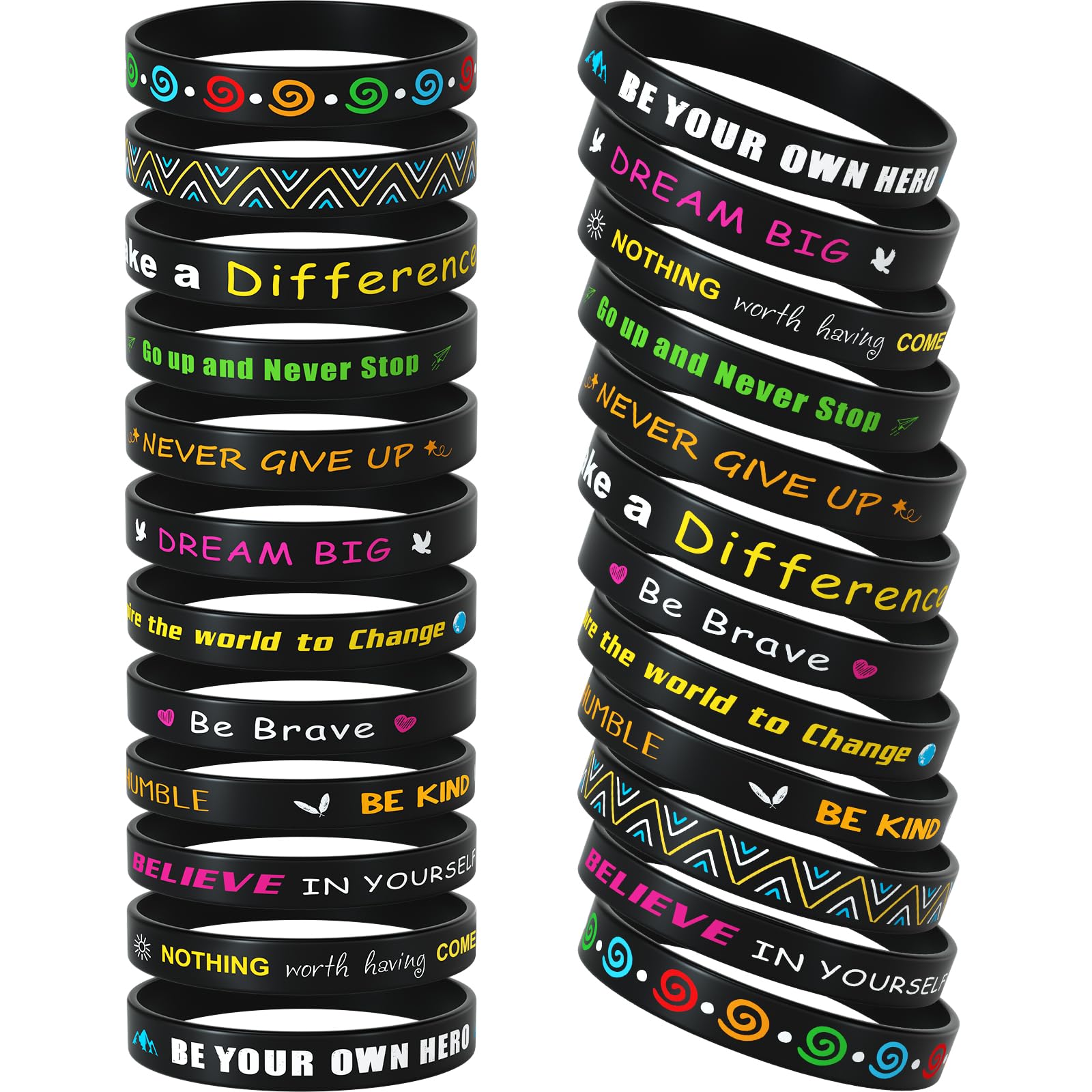 CHRORINE 24 Pieces Motivational Silicone Wristbands Inspirational Quote Rubber Bracelets Unisex for School Office Home Party Favor Gifts Supplies 12 Designs- Black