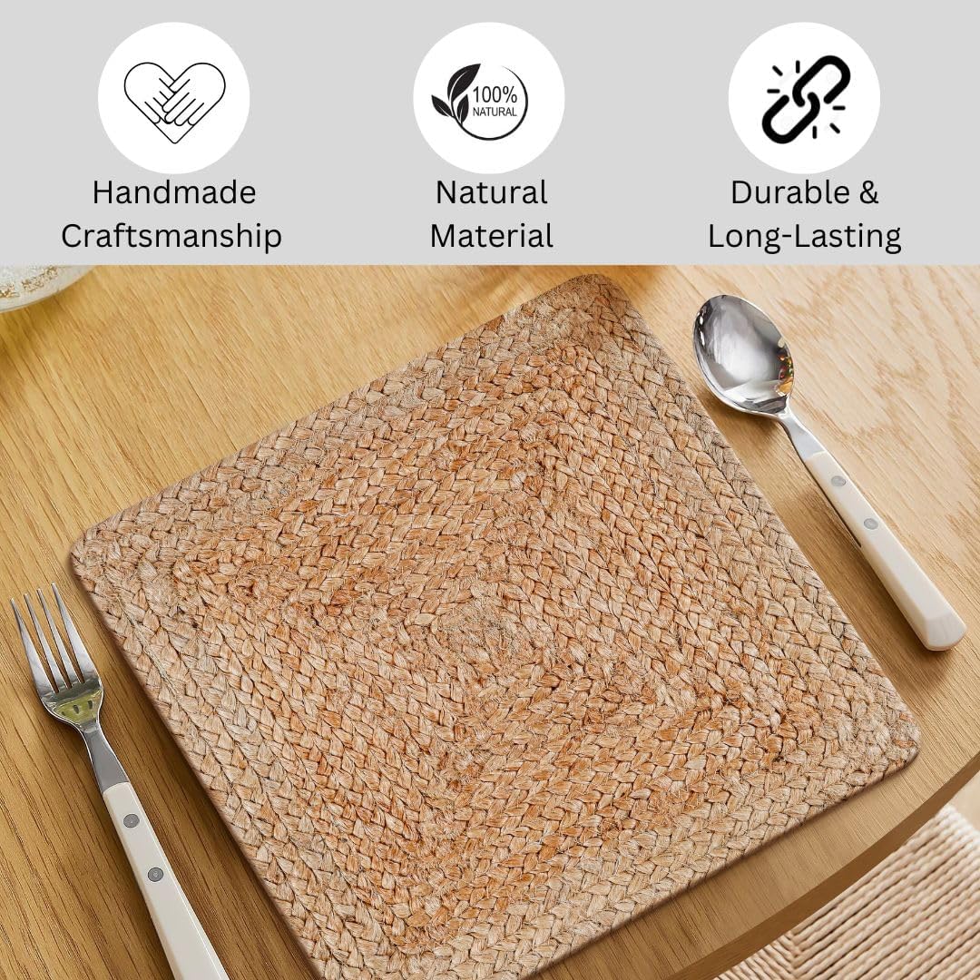 Handcrafted Braided Jute Placemats Set of 4-14x14 Inch Square 100% Jute - Durable Non-Slip Rustic Vintage Placemats for Dining Kitchen Home Décor Natural Fiber Farmhouse Table Mats