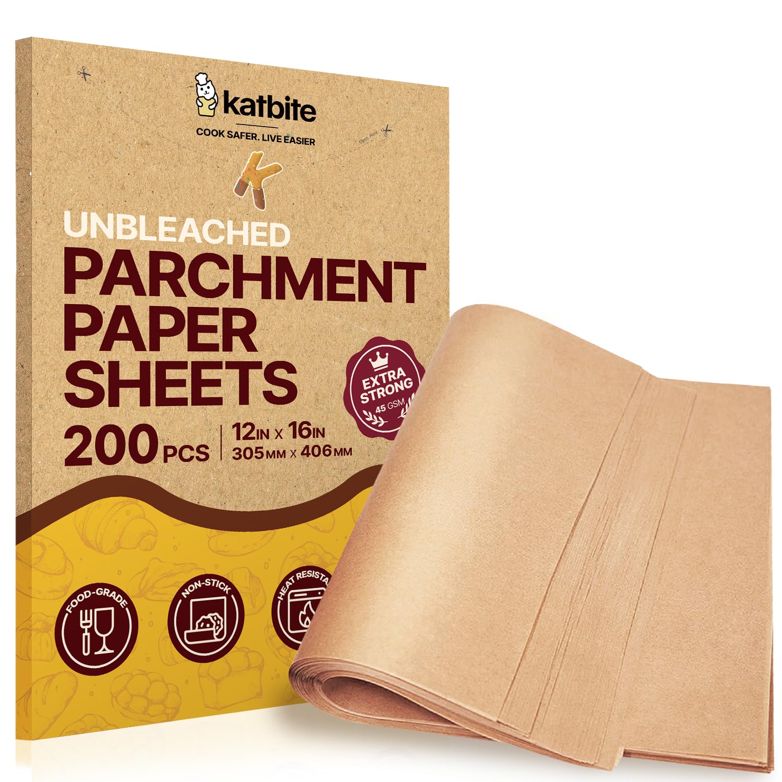 Katbite 200Pcs 12x16 In Unbleached Parchment Paper for Baking, Precut Parchment Paper Sheets, Heavy Duty Flat Baking Paper, Half Sheet Baking Sheets for Baking Cookies, Cooking, Air Fryer, Oven