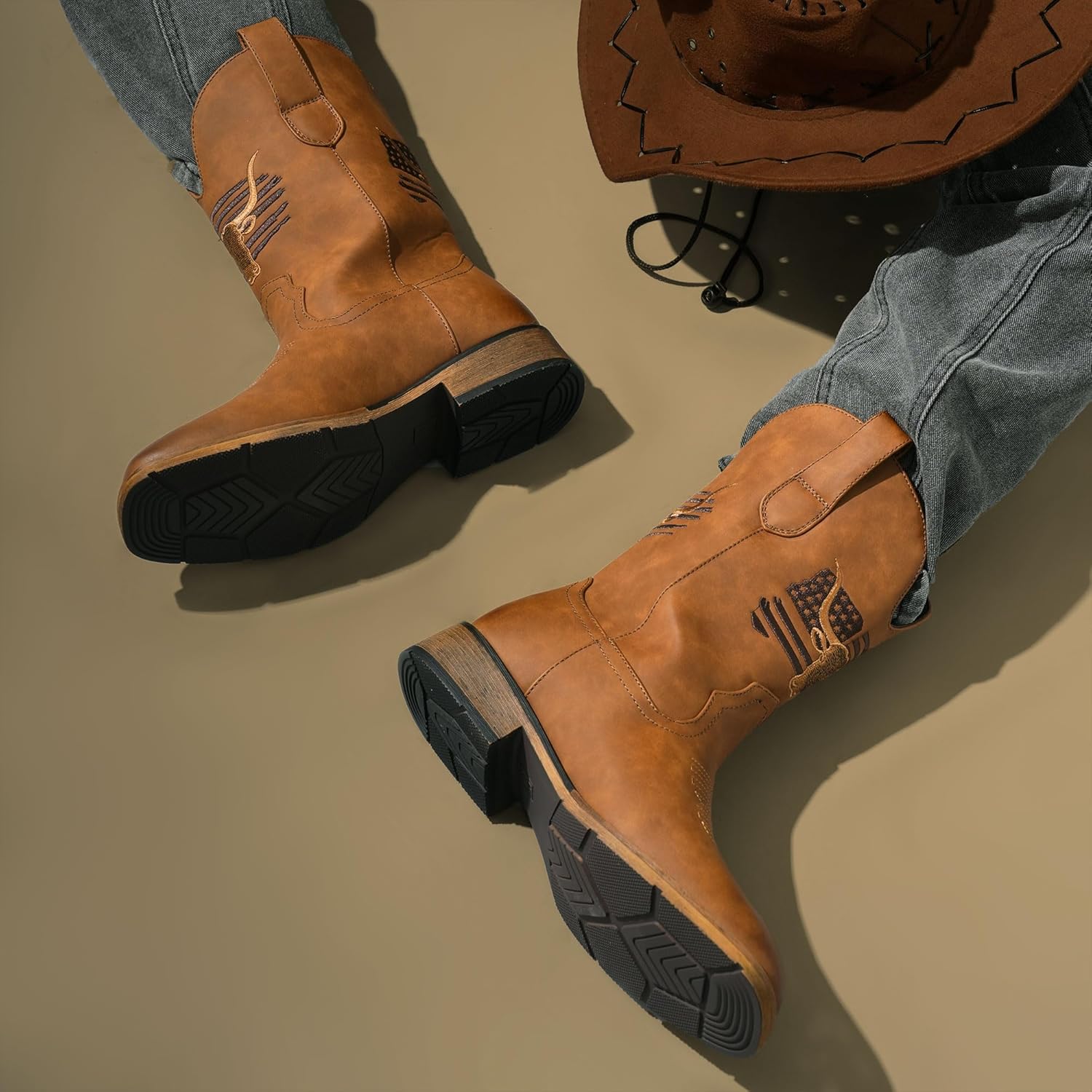 Winbird Cowboy Boots For Men Square Toe Western Men's Boots Vegan/Genuine Leather with Classic Patriot Pull On Boot, Slip Resistant Country Boots Chunky Heel Short Boots for Spring Fall - Image 2