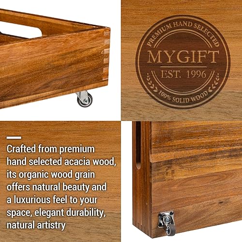 Miniatura 5 de MyGift Carrito de almacenamiento bajo la cama de madera maciza de acacia de 24 pulgadas con ruedas giratorias, caja de madera, bandeja enrollable