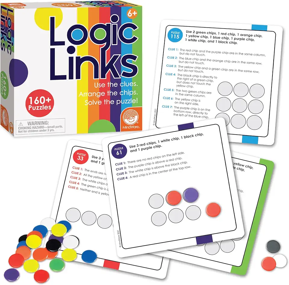 MindWare Logic Links Puzzle Games - Brain Teaser Puzzles for Kids and Brain Games for Adults - 166 Challenging Brain Puzzles, 32 Game Chips - Ages 6+