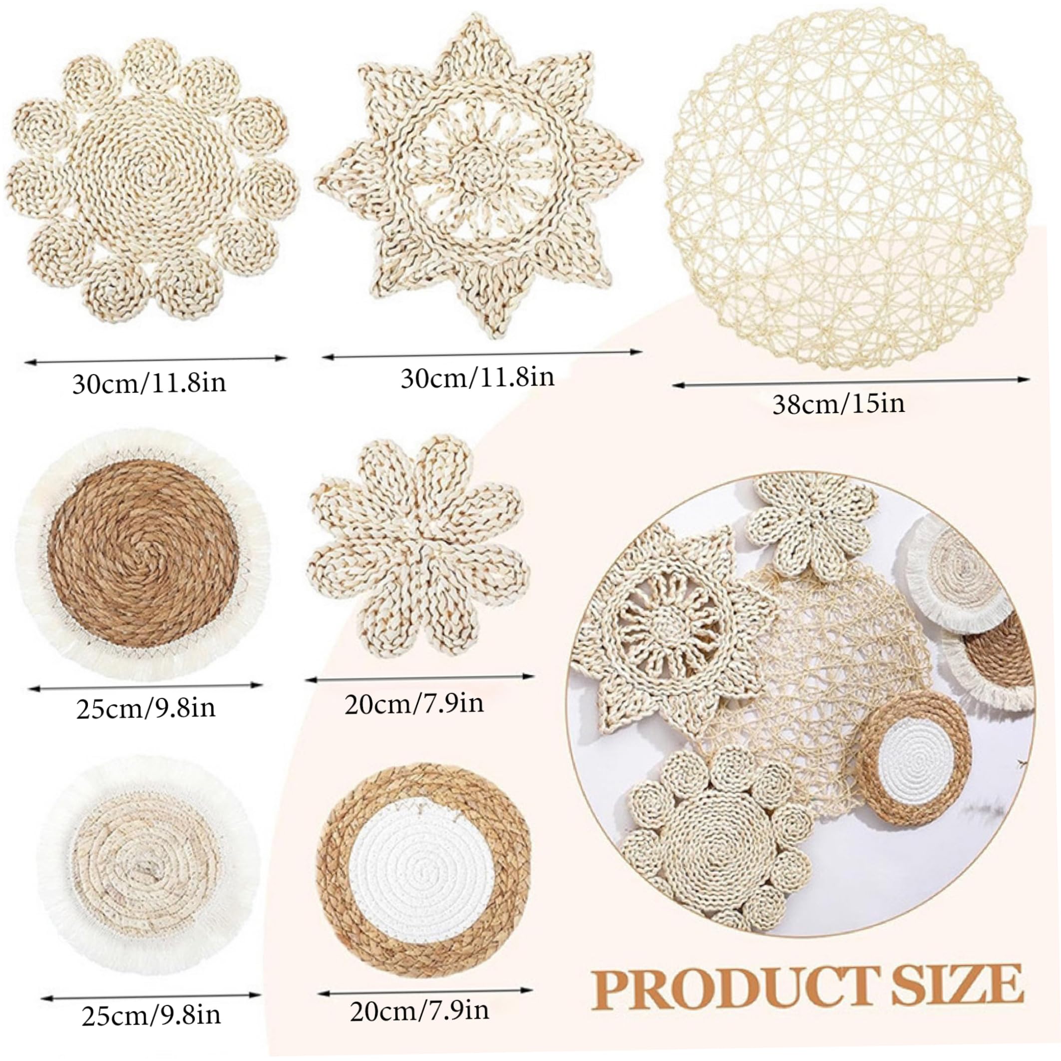 Wedhapy 7 unids/set decoración de pared de mimbre, arte de pared tejido a mano, Beige